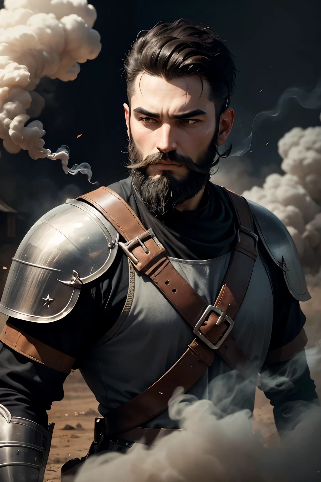 Knight with black short hair and beard. surrounded by smoke on a old battlefield 