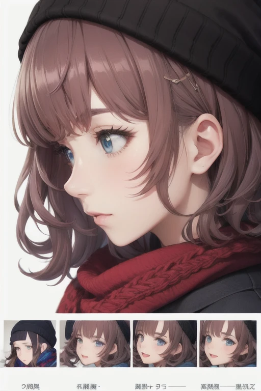 girl,Character design sheet,Beautiful attention to detail,Beautiful lip detail,Very detailed目と顔,Long eyelashes,Realistic,photoRealistic:1.37,Very detailed,Professional,Vibrant colors,Portraiture,Studio Lighting,Physically Based Rendering,High resolution,超High resolution. blue eyes,Big eyes，Long Hair，Curly hair、Black Hair，Red cheeks，Lower eyes，Knitted hat，Scarf，coat、pants，boots，profile