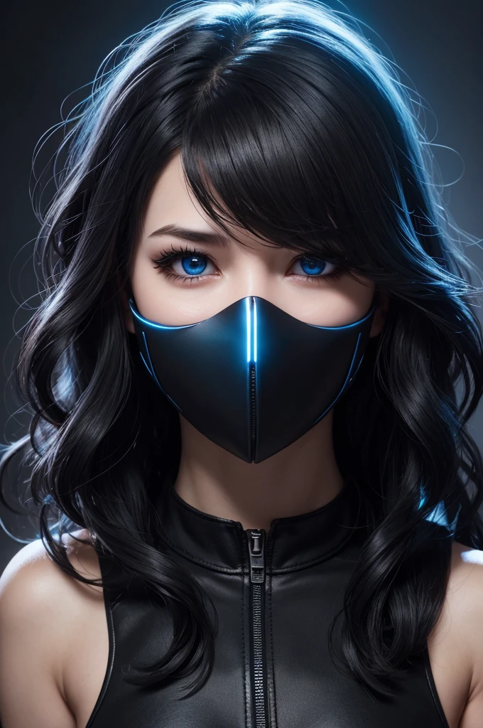Create a realistic female free fire game style character with black and blue wavy hair with lights coming out of the eyes, black mask on the mouth, dark background