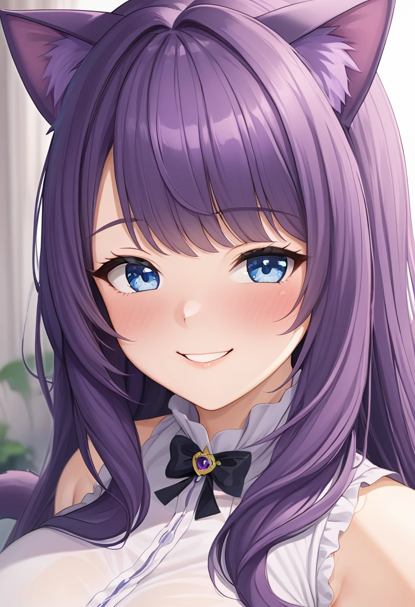 1girl, Blue eyes, Long Hair, Bangs, Purple Hair, Breasts, Smile, Blush, Light Smile, cat ears, purple cat tail