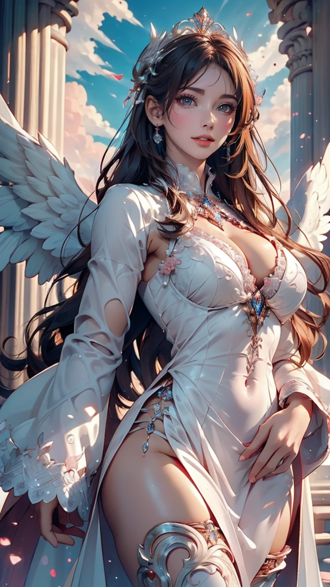 ((RAW Photos)), ((masterpiece)), Anthropomorphic humanoid angel girl in white royal robes, Intricate details, running, A complex Greebles piece, Sky Behind, pink, Beautiful Wings, Fine eyes and lips