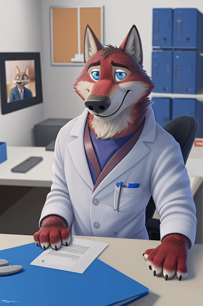 Joachim Wolfbach (Zootopia),tall handsome, wolf,young, 24 years, brown fur,(red body:1.3),Blue eyes, Moscow Dressed,red cassock, red headdress,in a medical suit, BLUE, stethoscope, cardiac surgeon,canine, wolf, detailed fur, Male, antro, paw pads, finger claws,Prays, at viewer, 5 fingers, paws, 5 fingers, smile, happy, sitting in the office , wrist watch,stethoscope, т nextel, sitting in his office at home, by xenoforge, (difficult, high detail, digital, photo, soft focus, RAW, dct doctor, hospital, Kids toys, 
photorealism, realistic, photorealistic, analog style, subsurface scattering, 
masterpiece, Best quality, ultra realistic, 8 K)