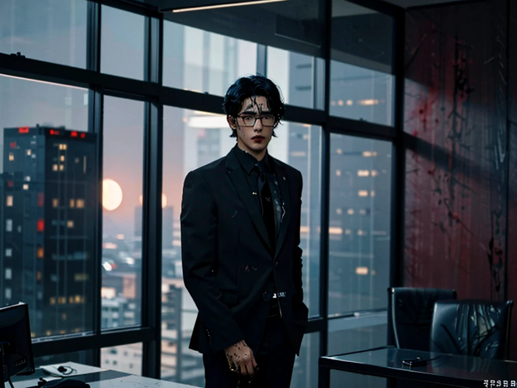 Photorealistic, dark vibes, solo, young man, Asian, 26 years, model (short obsidian black messy hair:1.5), (blood red tie:1.3), (all black suit:1.4), black glasses, CEO, dark lighting, foreboding, standing in luxury office, city background from window