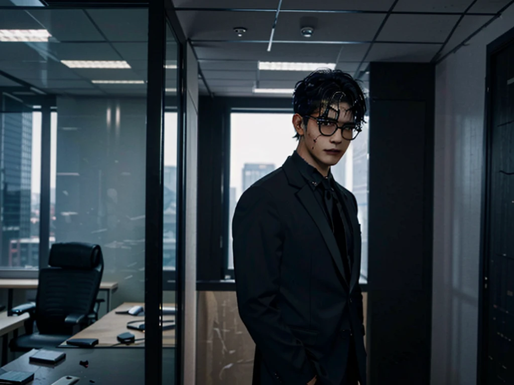 Photorealistic, dark vibes, solo, young man, Asian, 26 years, model (short obsidian black messy hair:1.5), (blood red tie:1.3), (all black suit:1.4), black glasses, CEO, dark lighting, foreboding, standing in luxury office, city background from window