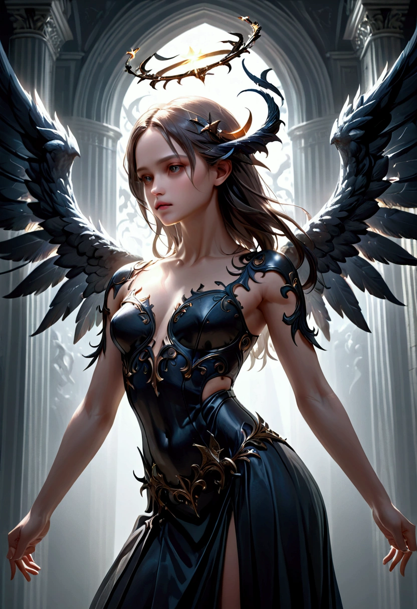 a beautiful angel with wings, a powerful dark demon, fantasy, surreal, (best quality,4k,8k,highres,masterpiece:1.2),ultra-detailed,(realistic,photorealistic,photo-realistic:1.37),dramatic lighting,chiaroscuro,dramatic contrast,cinematic,muted colors,moody,dark and light,dramatic pose,intricate details,volumetric lighting,detailed texture