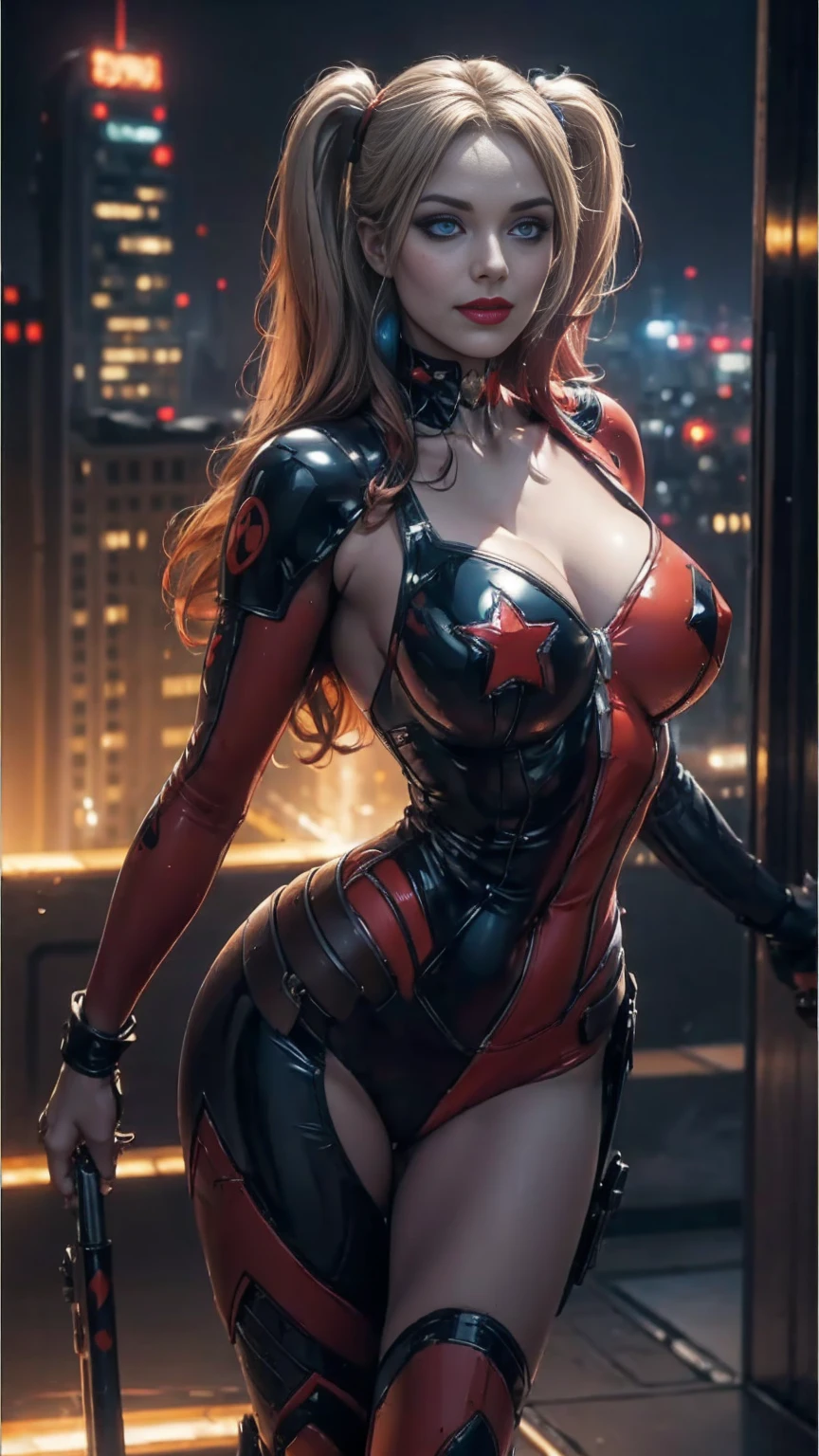 ((full-length portrait, standing, feet on the floor)) straight, looking at viewer, BREAK, cartoon_Harley Quinn, lipstick, original outfit, blue eyes, makeup, lips, red lips, Bodysuit, cleavage, heroine pose, bright, centered art, BREAK, official arts, extremely detailed CG unit wallpaper 8k, full body, looking at viewer, perfect lighting, colorful, bright facial lighting, glowing skin, standing, (masterpiece: 1.0), (best quality: 1.0), extra high resolution, 4k, ultra-detailed, photographic, 8K, HDR, high resolution, down to earth, (nonsense: 1.2), Kodak Portra 400, film grain, blurred background, ( bokeh: 1.2), lens flare, (Vibrants_Color: 1.2), professional photo of a, (pretty face: 1.5) night city background, skyscraper on the roof, exposed skin,