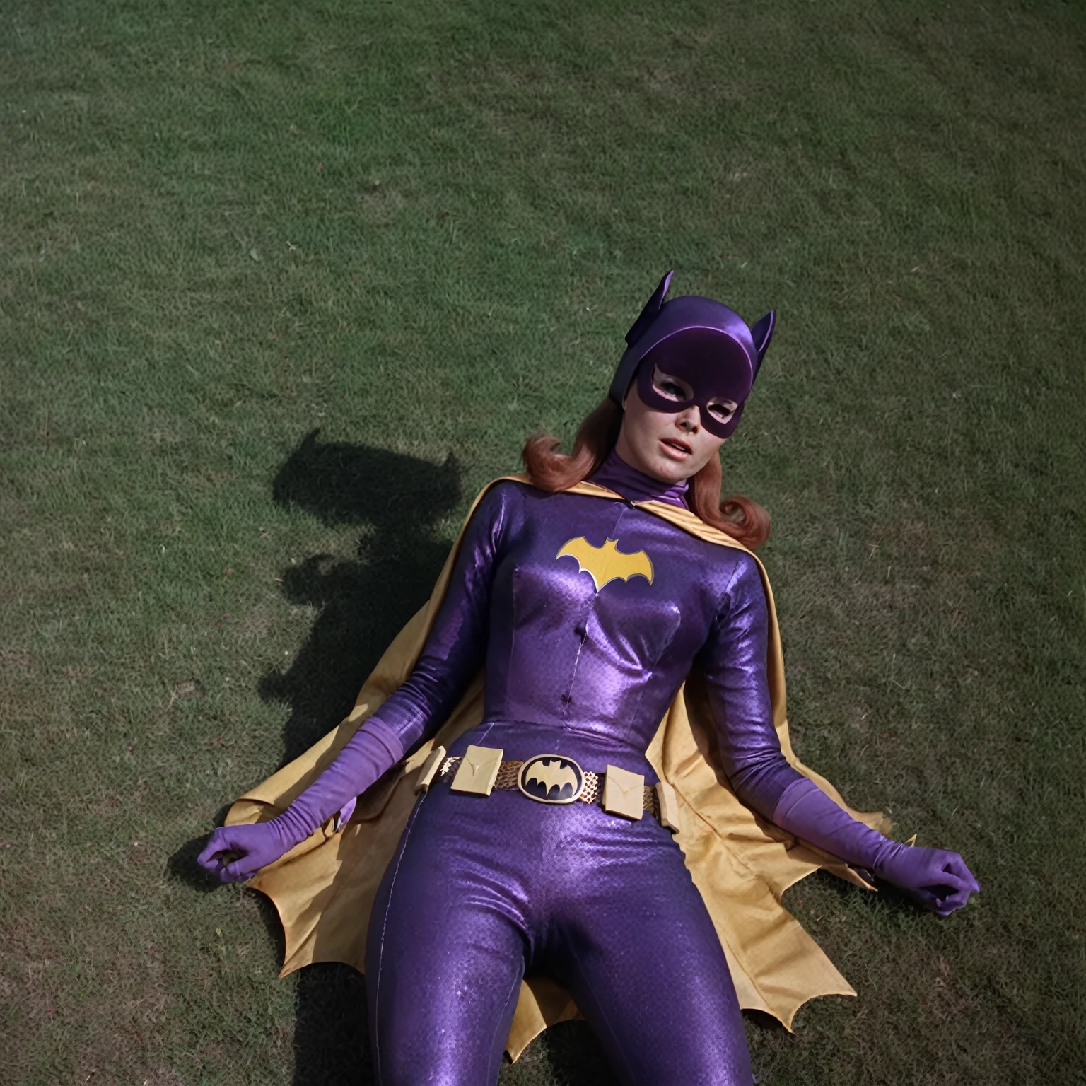 yvonne craig woman, in peril, shrugged shoulders, her body is tied, she squeezed, she is in pain , 60's style, analog film, on grass, film grain