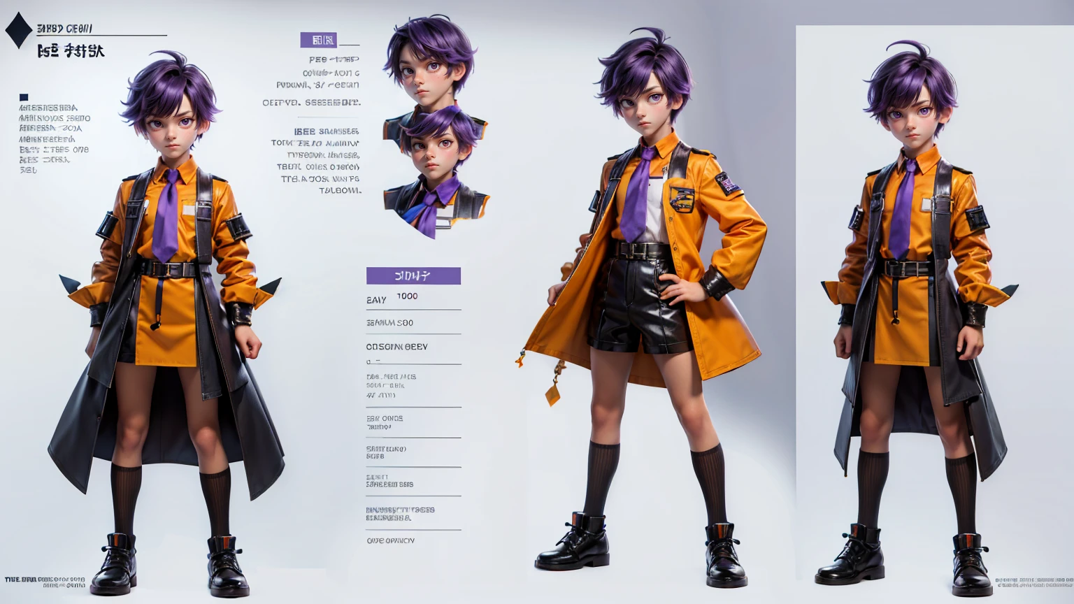 cute face boy, cute face, short height boy, wearing full orange pent and shirt dress, full standing pose, bomb cut purple hairs, Character Sheet, 12 yo student, Full body, Simple white background, front pose character reference sheet, Concept art, design sheet