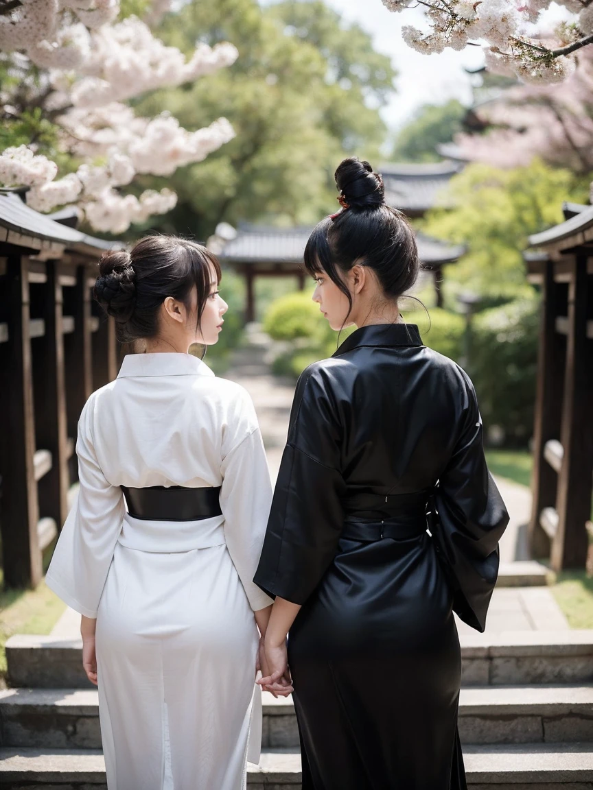 ((masterpiece,best quality)),2girls, black kimono, black legwear, black ribbon, black hair, cherry blossoms, day, flower, hair bun, hair ribbon, japanese clothes, kimono, long hair, looking at viewer, looking back , multiple girls, belts, outdoors, red eyes, red hair, ribbon, sandals, single bun, stairs, standing, statue, torii, tree, white kimono, yellow eyes