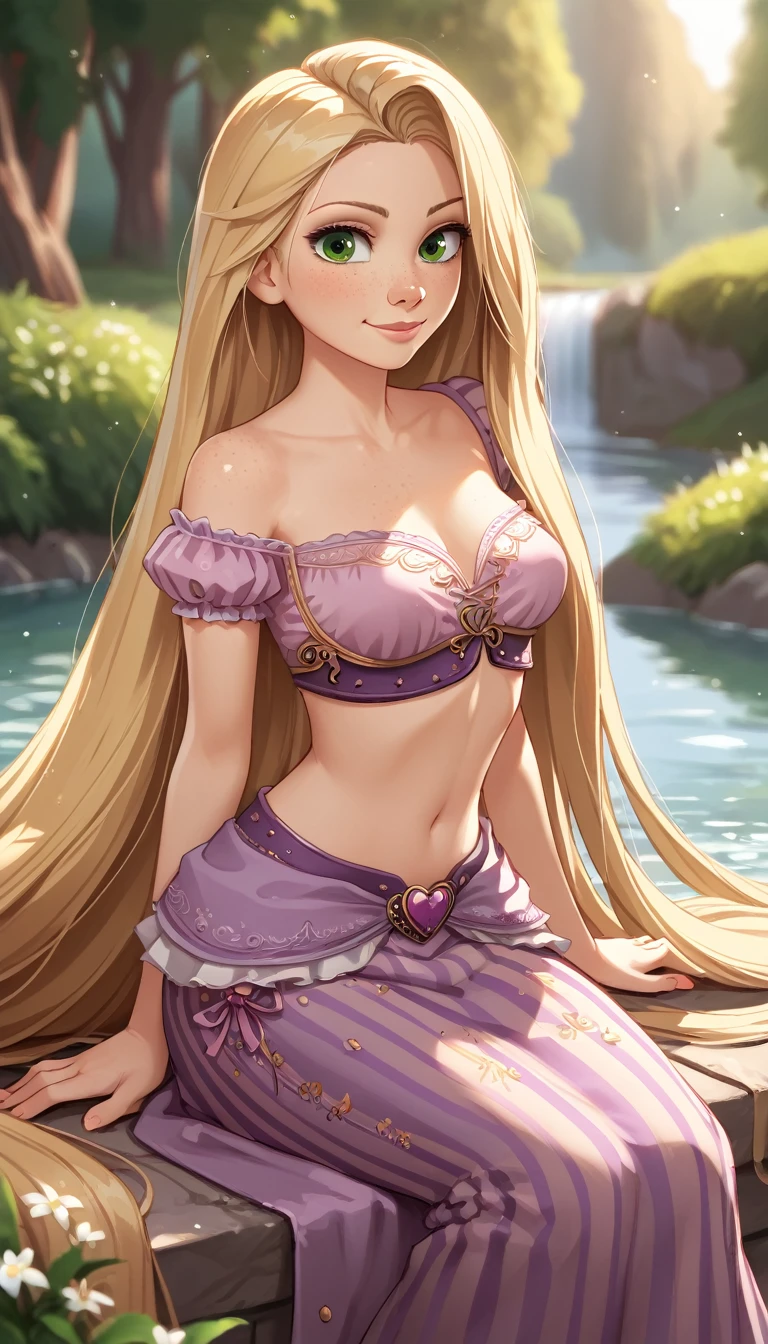 anime_source, (masterpiece), best quality, expressive eyes, perfect face, score_9, score_8_up, score_7_up, 1girl, absurdly long hair, blonde hair, rapunzel, medium breasts, green eyes,  lips, long hair, looking at viewer, solo, very long hair, freckles, rapunzel attire, bokeh, focused, motion blur, outdoors, river, midriff, navel, slight smile, closed mouth, long skirt, sitting