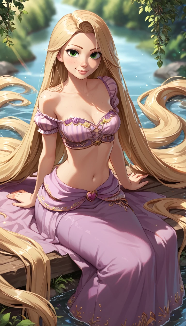 anime_source, (masterpiece), best quality, expressive eyes, perfect face, score_9, score_8_up, score_7_up, 1girl, absurdly long hair, blonde hair, rapunzel, medium breasts, green eyes,  lips, long hair, looking at viewer, solo, very long hair, freckles, rapunzel attire, bokeh, focused, motion blur, outdoors, river, midriff, navel, slight smile, closed mouth, long skirt, sitting