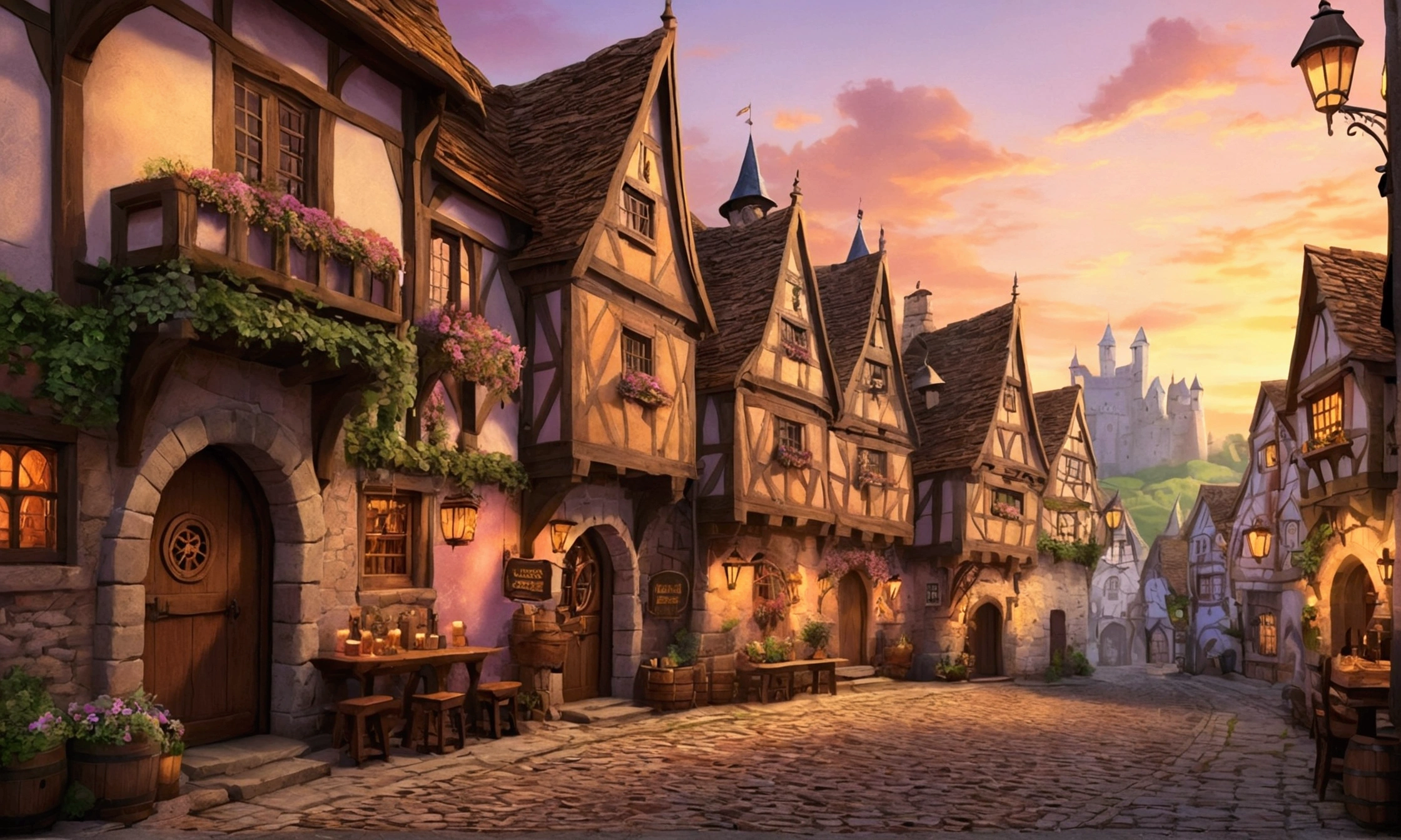 A fantastical townscape in a medieval European style, featuring an adventurer's guild and several quaint taverns lining cobblestone streets. The scene is set at sunset, with the sky painted in warm hues of orange, pink, and purple. The buildings have intricate stone and wooden architecture, with ivy climbing the walls and lanterns beginning to glow softly. The cobblestone streets are empty, but the atmosphere is lively and inviting, with signs hanging from the taverns and the adventurer's guild's crest proudly displayed. In the background, rolling hills and a distant castle can be seen, completing the enchanting scene