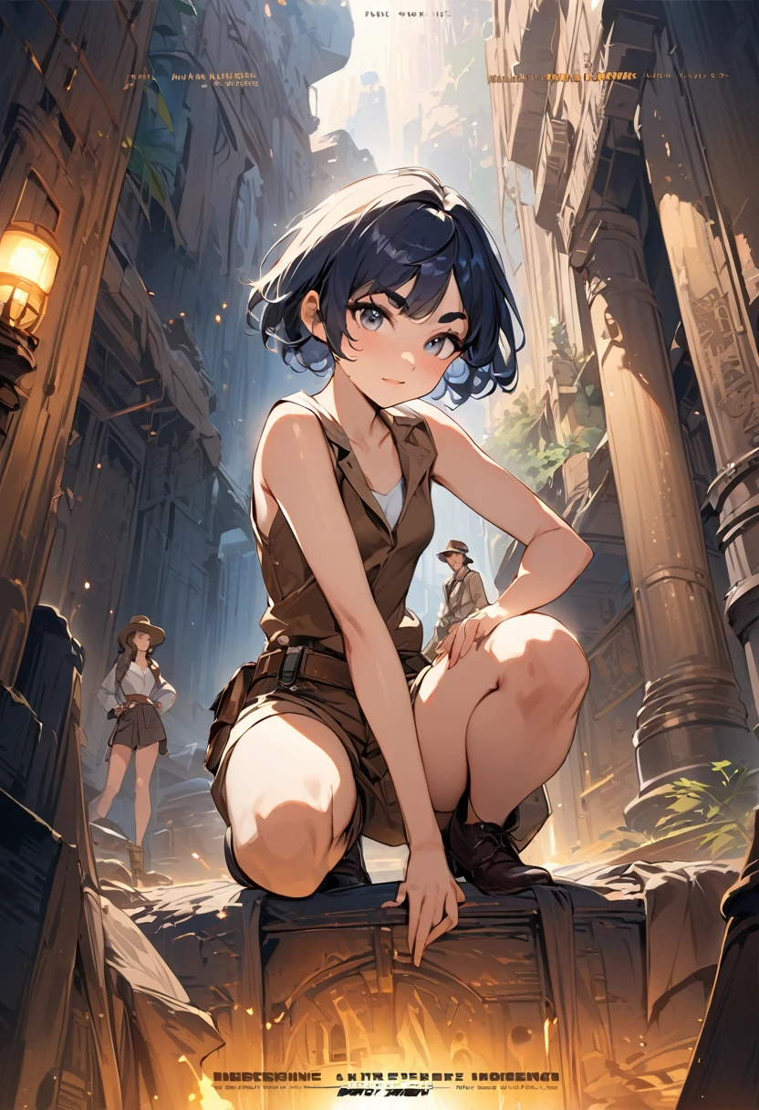 (masterpiece, best quality,ultra highres), (movie poster art,title of "indiana jones"),In the center of the poster,heroine girl in posing,(yo,(darkblue wavy-short hair),thick eyebrows,middle small breasts),(wearing "indiana jones" costume),