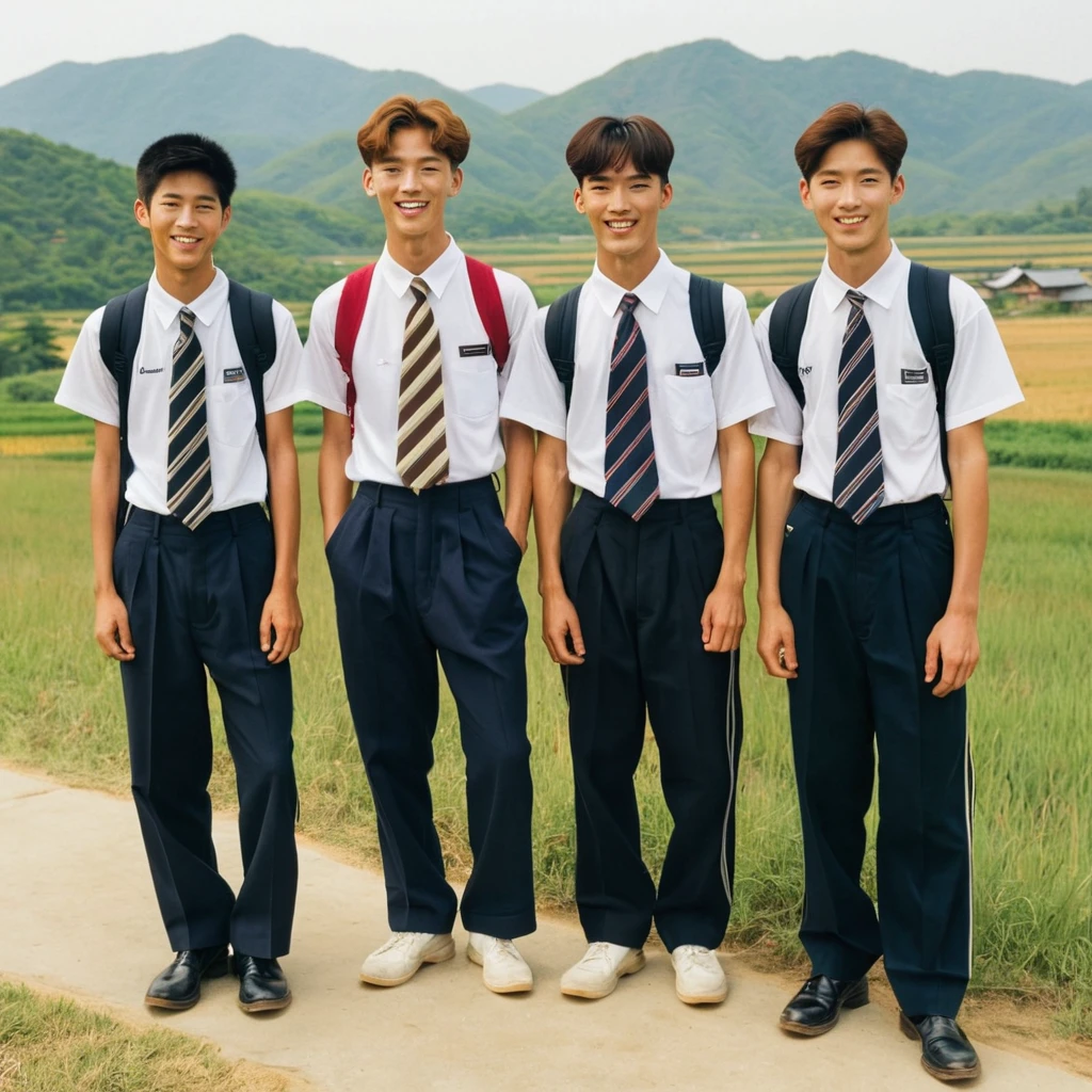 A group of three 19-year-old high school boys from a rural area in South Korea in the 2000s, standing outside with slightly tan complexions. They are all wearing typical 1990s school uniforms: white shirts, striped ties, and dark trousers. Their hair is short and neatly combed in classic 90s styles. One boy carries a vintage backpack over one shoulder, while the other two have their hands in their pockets. Their posture is relaxed yet slightly reserved, with one of them smiling shyly. The background features a picturesque countryside scene with fields, traditional Korean houses, and a distant mountain range under a clear blue sky. The overall vibe captures the nostalgic essence of the 2000s in rural South Korea.