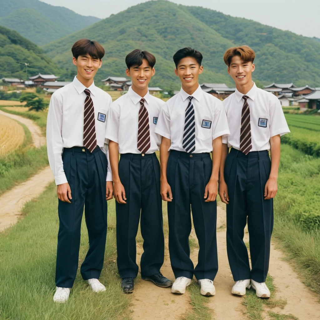 A group of three 19-year-old high school boys from a rural area in South Korea in the 2000s, standing outside with slightly tan complexions. They are all wearing typical 1990s school uniforms: white shirts, striped ties, and dark trousers. Their hair is short and neatly combed in classic 90s styles. One boy carries a vintage backpack over one shoulder, while the other two have their hands in their pockets. Their posture is relaxed yet slightly reserved, with one of them smiling shyly. The background features a picturesque countryside scene with fields, traditional Korean houses, and a distant mountain range under a clear blue sky. The overall vibe captures the nostalgic essence of the 2000s in rural South Korea.