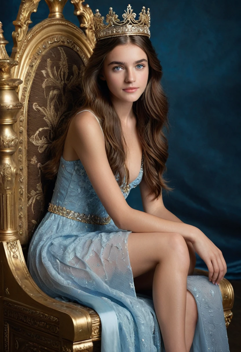 lara Alonso, Masterpiece,hyper realistic, a 18 years old beautiful Spanish model sitting on a big fancy throne  wearing a little crown, young, teen, ethereal beauty, shy, innocent, nervous smile, (skinny body, full body), long brown hair, blue eyes, very small breasts, narrow hips, narrow waist, small ass, soft light, shy pose, David Hamilton style, full body view, best quality, photo-realistic, 16k, high resolution, detailed skin, uhd, dslr, soft lighting, high quality, film grain, she located in a kingdom. 