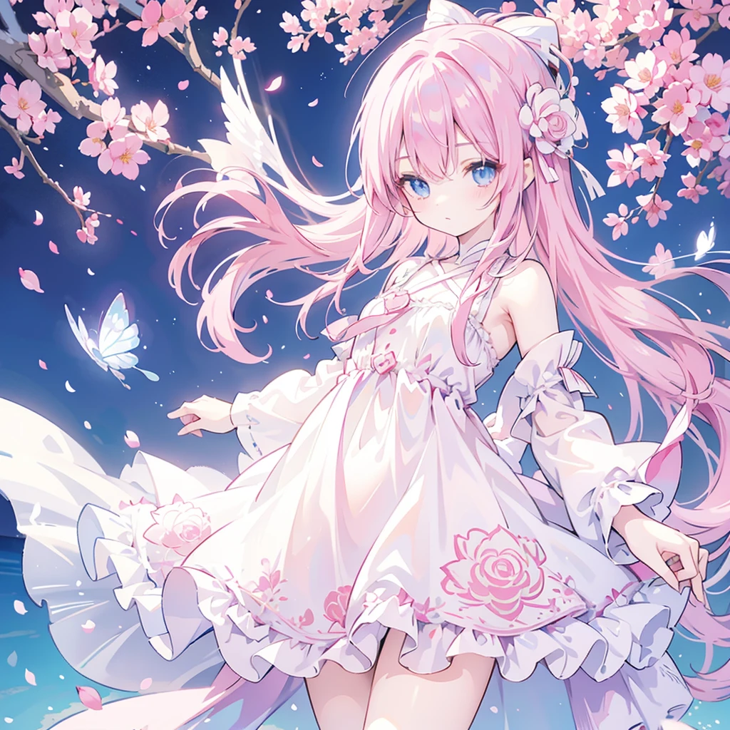 Pink hair, anime girl, long hair, cute girl, beautiful blue eyes, flower petals, pink tone, pale skin, white dress, masterpiece, HD, 4K, pink wings, angel, rose, fantasy, butterfly
