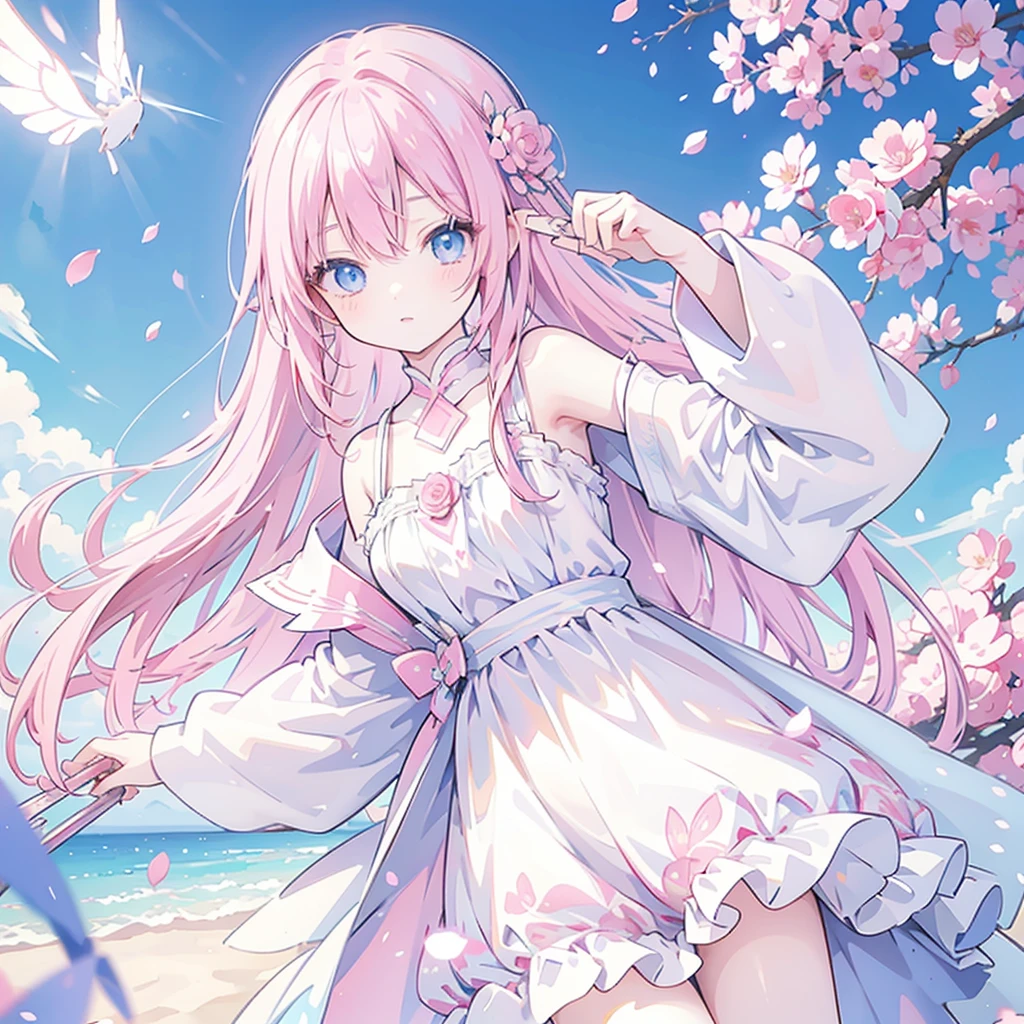 Pink hair, anime girl, long hair, cute girl, beautiful blue eyes, flower petals, pink tone, pale skin, white dress, masterpiece, HD, 4K, pink wings, angel, rose, fantasy, butterfly