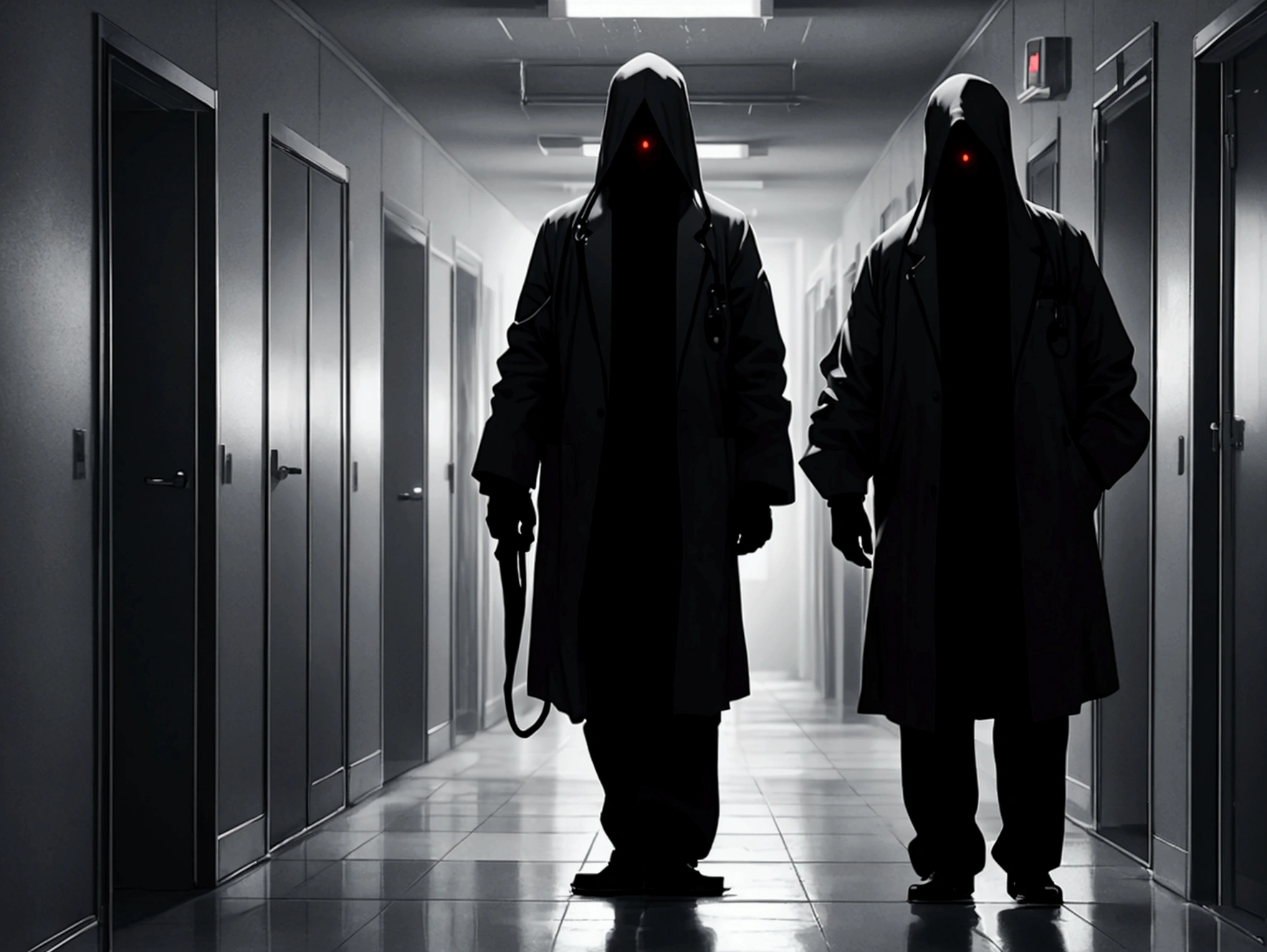 Create an image of a ghost in a hospital corridor, styled like a scene from a horror movie. The ghost should have an eerie, ethereal appearance, partially transparent, with a menacing aura. The hospital corridor is dimly lit, with flickering lights casting unsettling shadows. Elements like medical carts, doors, and signs typical of a hospital setting should be present in the background. The overall mood of the image should be chilling and sinister, evoking a sense of dread and fear.