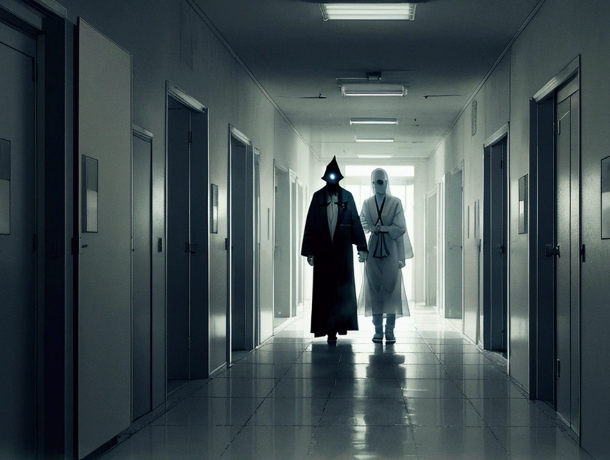Create an image of a ghost in a hospital corridor, styled like a scene from a horror movie. The ghost should have an eerie, ethereal appearance, partially transparent, with a menacing aura. The hospital corridor is dimly lit, with flickering lights casting unsettling shadows. Elements like medical carts, doors, and signs typical of a hospital setting should be present in the background. The overall mood of the image should be chilling and sinister, evoking a sense of dread and fear.