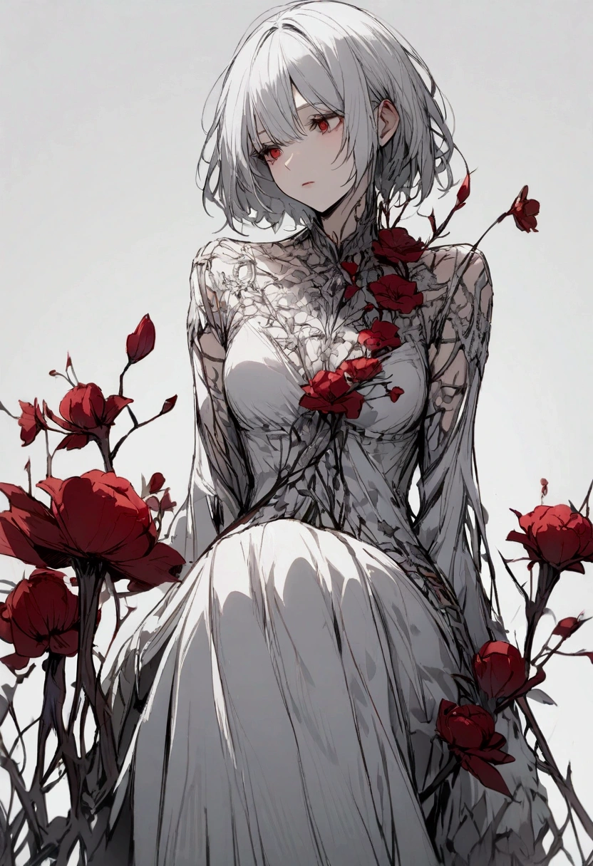 Light gray background, sitting woman, silver hair, short hair, withered red flower