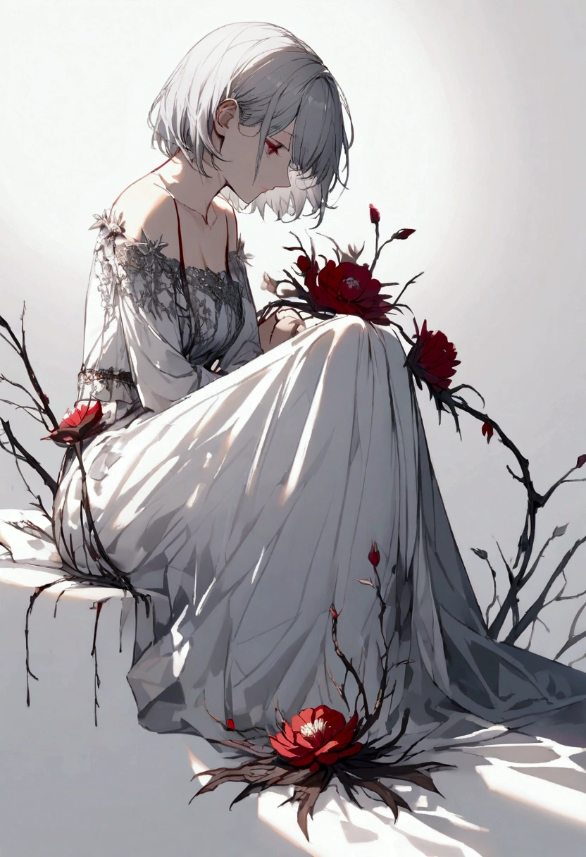 Light gray background, sitting woman, silver hair, short hair, withered red flower