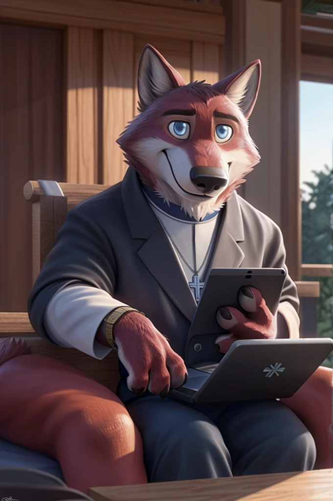 Joachim Wolfbach (Zootopia),tall handsome, wolf,young, 24 years, brown fur,(red body:1.3),Blue eyes, Moscow Dressed,Catholic priest of the Roman Catholic Church, canine, wolf, detailed fur, Male, antro, paw pads, finger claws,holding a laptop, at viewer, 5 fingers, paws, 5 fingers, smile, happy, resting, wrist watch, т nextel, sitting at home watching TV, by xenoforge, (difficult, high detail, film photography, soft focus, RAW, pilot by training,smile смех
фотореализм, realistic, photorealistic, analog style, subsurface scattering,
masterpiece, Best quality, ultra realistic, 8 K)