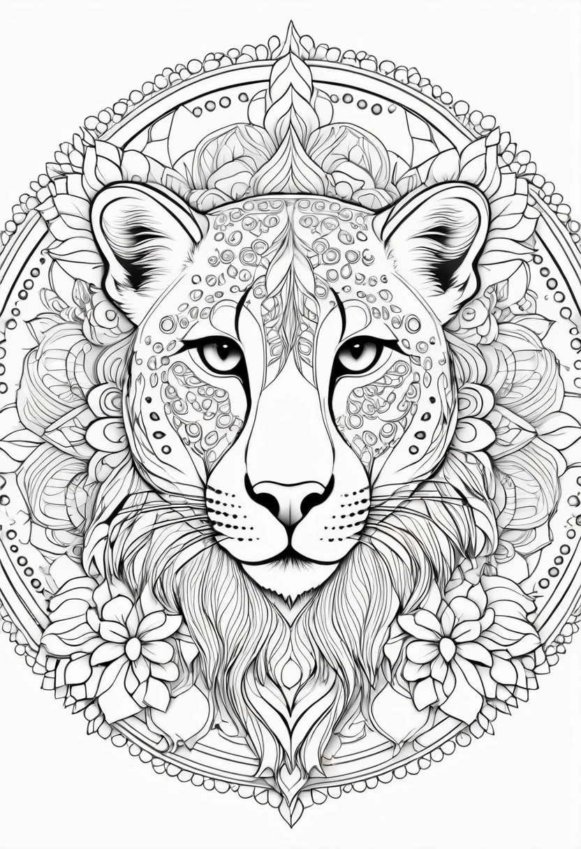 A striking black and white line art coloring page designed for adults with white background, featuring a majestic Cheetah in a mandala-inspired style. The Cheetah is adorned with intricate patterns that include floral and geometric designs, making it an engaging and detailed work of art. The illustration focuses on crisp, clean lines and bold outlines, without any shading or color, allowing the user to bring their own vibrancy to the piece. The minimalistic design, with its thick lines and absence of background details, creates a soothing coloring experience for adults seeking calming and creative activities. illustration