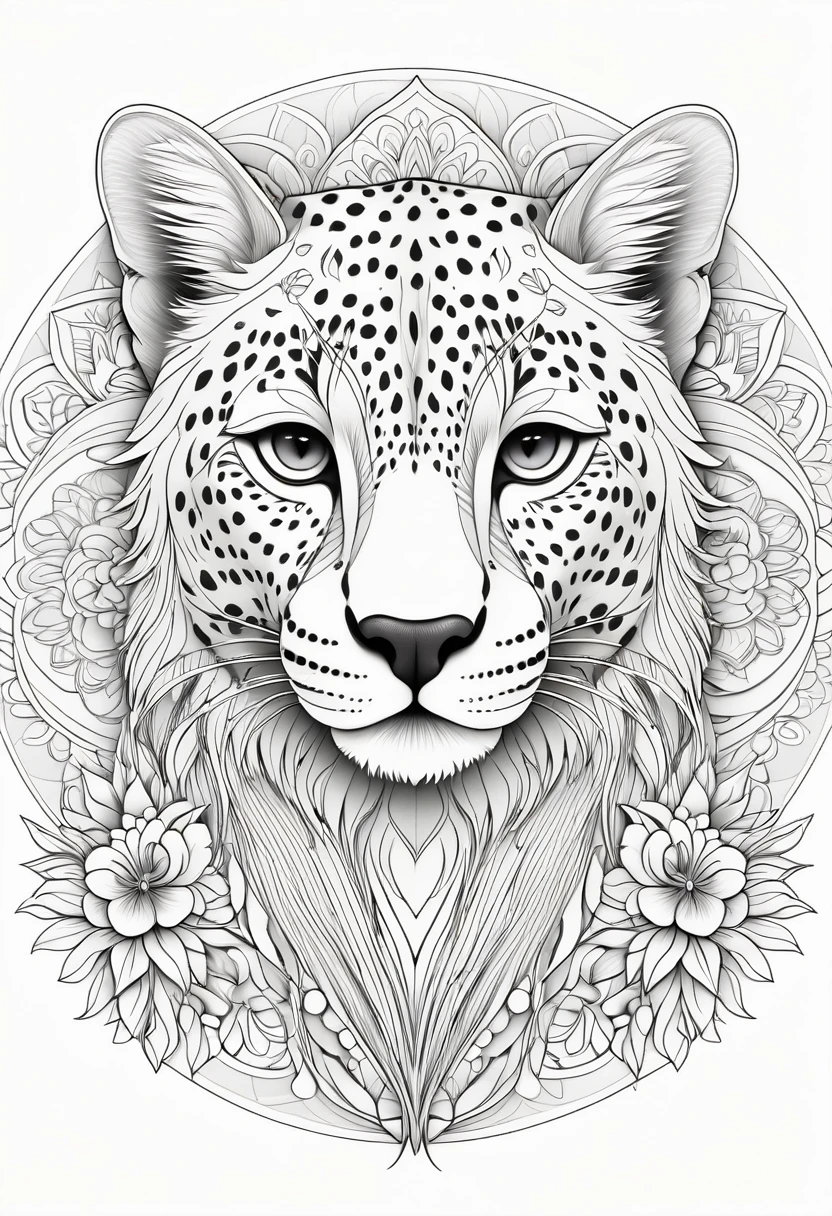 A striking black and white line art coloring page designed for adults with white background, featuring a majestic Cheetah in a mandala-inspired style. The Cheetah is adorned with intricate patterns that include floral and geometric designs, making it an engaging and detailed work of art. The illustration focuses on crisp, clean lines and bold outlines, without any shading or color, allowing the user to bring their own vibrancy to the piece. The minimalistic design, with its thick lines and absence of background details, creates a soothing coloring experience for adults seeking calming and creative activities. illustration