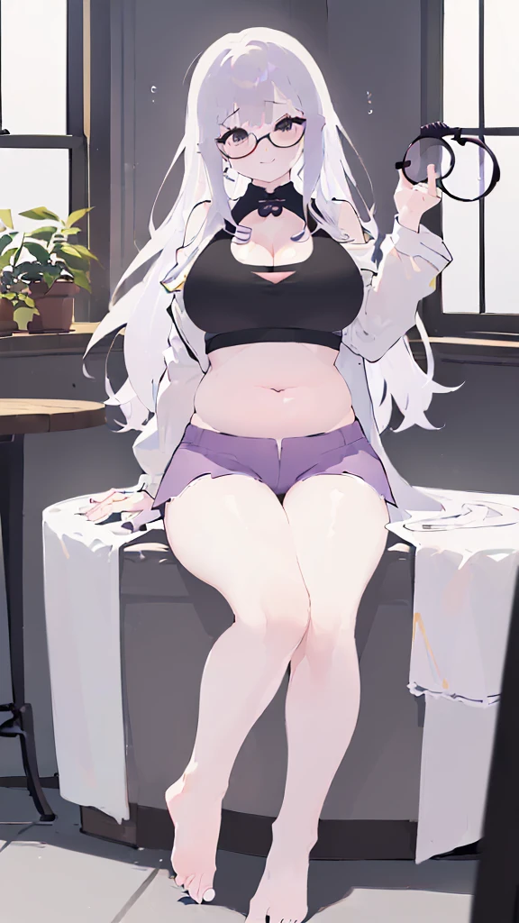(Cafe Background:1.5), chair, (sedentary:1.5), window, (morning, sunlight:1.5), (Beautiful shades:1.5), (Holding the belly with both hands:1.5), (dynamic angle:1.5), [ 4k digital art ]!!,(big bust, prominent cleavage:1.5), (Black eyes with a slight purple tint:1.5), (a devastated expression, dead eyes, dark atmosphere:1.5), (white hair, long hair, weak perm:1.5), (sports bra, extra long sports jacket, hot pants, :1.5), (bare foot, round-rimmed glasses:1.5), (Aegyo belly fat:1.5), (smiling faintly:1.5),(thin legs, thin:1.5)