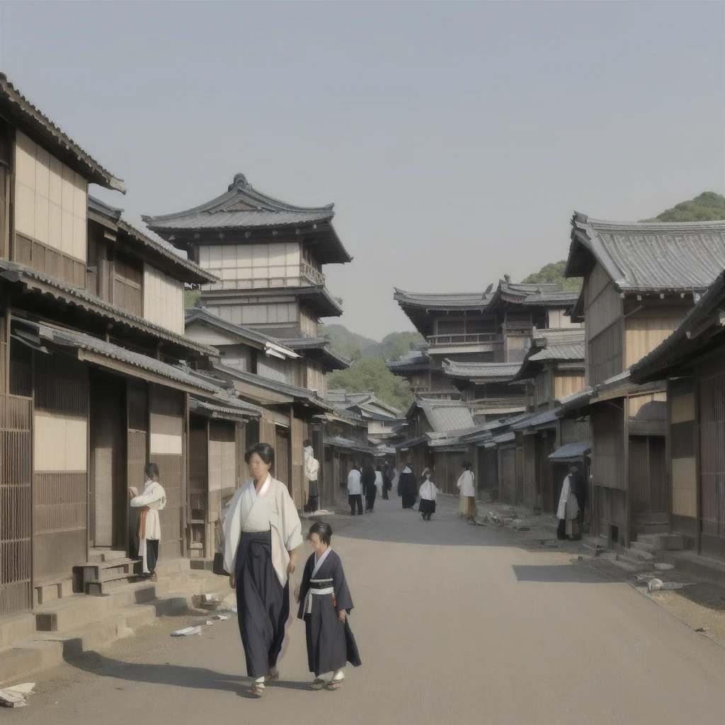 A man is walking along a dirt road carrying a blanket, artwork in the style of Gwaiz, Xin Haicheng, The background is a slum, dark. by makoto shinkai, Desolate. Digital Illustration, Digital Painting Concept Art, Matte Digital Painting, Old Asian Village, Gwaiz, illustration concept art, Jongsuk Lee Blazing flames, fire, crowd, throng, freezing, mother warming her baby.Scenery and Cityscape in the Early Meiji Era After the Meiji Restoration, Japan underwent rapid modernization and civilization. Consequently, many changes and reforms occurred. Below is a detailed explanation of the scenery, appearance of the poor, occupations, and cityscapes in the early Meiji period (1868 to the early 1880s). 2. Appearance of the Poor Life for the impoverished and lower classes remained harsh. In particular, in urban areas, people migrated from rural areas or unemployed artisans gathered, intensifying competition in the labor market. Many of them struggled with poverty, often residing in slums or around temples. 3. Occupations Meiji early Japan witnessed a diversification of occupations. Traditional agriculture and handicrafts were accompanied by the rise of modern industry and commerce. Particularly in urban areas, factory workers, shop clerks, and transporters increased, giving rise to new professions. However, many in these occupations endured harsh working conditions. 4. Influence of Civilization and Enlightenment During the Meiji era, Western cultural influences spread rapidly. Changes in clothing, dietary habits, and the proliferation of Western-style architecture advanced, especially in urban areas. Conversely, this development posed a threat to traditional culture and lifestyles, resulting in societal upheaval and adaptation challenges. 5. Social Change and Policy Influence While promoting modernization policies, the government also addressed poverty and social issues. Legislation for labor protection and charitable activities to aid the poor were implemented. Nevertheless, living conditions for the impoverished scarcely improved. The early Meiji period marked a rapid transformation i