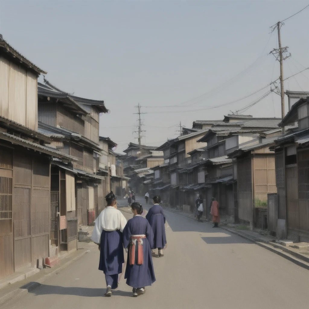 A man is walking along a dirt road carrying a blanket, artwork in the style of Gwaiz, Xin Haicheng, The background is a slum, dark. by makoto shinkai, Desolate. Digital Illustration, Digital Painting Concept Art, Matte Digital Painting, Old Asian Village, Gwaiz, illustration concept art, Jongsuk Lee Blazing flames, fire, crowd, throng, freezing, mother warming her baby.Scenery and Cityscape in the Early Meiji Era After the Meiji Restoration, Japan underwent rapid modernization and civilization. Consequently, many changes and reforms occurred. Below is a detailed explanation of the scenery, appearance of the poor, occupations, and cityscapes in the early Meiji period (1868 to the early 1880s). 2. Appearance of the Poor Life for the impoverished and lower classes remained harsh. In particular, in urban areas, people migrated from rural areas or unemployed artisans gathered, intensifying competition in the labor market. Many of them struggled with poverty, often residing in slums or around temples. 3. Occupations Meiji early Japan witnessed a diversification of occupations. Traditional agriculture and handicrafts were accompanied by the rise of modern industry and commerce. Particularly in urban areas, factory workers, shop clerks, and transporters increased, giving rise to new professions. However, many in these occupations endured harsh working conditions. 4. Influence of Civilization and Enlightenment During the Meiji era, Western cultural influences spread rapidly. Changes in clothing, dietary habits, and the proliferation of Western-style architecture advanced, especially in urban areas. Conversely, this development posed a threat to traditional culture and lifestyles, resulting in societal upheaval and adaptation challenges. 5. Social Change and Policy Influence While promoting modernization policies, the government also addressed poverty and social issues. Legislation for labor protection and charitable activities to aid the poor were implemented. Nevertheless, living conditions for the impoverished scarcely improved. The early Meiji period marked a rapid transformation i