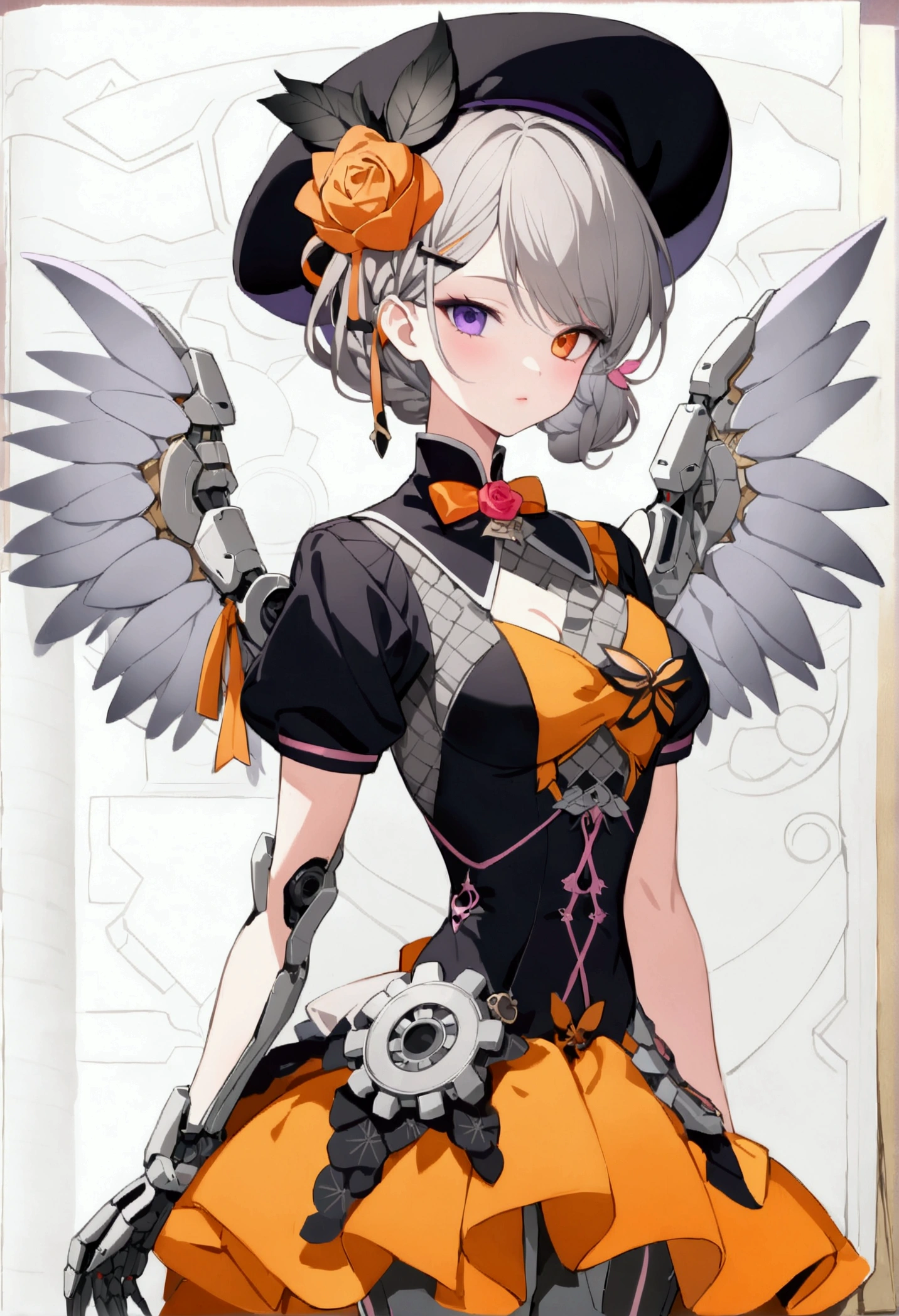 woman 160 cm tall, slim build, , charming look, ((heterocromia: look like, derecho naranja y look like izquierdo violeta)), (Shoulder Length Wavy Gray Hair, He has a short braid on the left side of his hair., big open bangs, has a gear hairpin on the left side of the hair), (((complex mechanical legs up to the hip, The legs are black with gray parts with small pink details))), (((complex mechanical arms up to the elbows, The arms are black with gray parts with small pink details))), (complex mechanical angel wings of white color with dark gray parts), (elegant black French beret with an orange rose ribbon), (elegant thigh-length one-piece dress, short bell skirt, short sleeves, elegant black hip belt with orange parts, small rose brooch in the middle of the chest, beautiful stiletto heels with a medium ribbon at the back, blue and black ribbon decorations on the dress, small gears on the skirt of the dress), (((character design sheet: Front view))), ((full body)), extremely detailed beautiful hair, beautiful detailed dress, extremely detailed arms, extremely detailed face, (Extremely detailed hands), perfect hands, small face, hermosos look likes detallados, beautiful detailed lips, adorable, extremely detailed legs, (Best Quality, 8k, Ultra resolution), ultra detailed, Exquisite and epic character art, ((White background)), (Focus on symmetry).