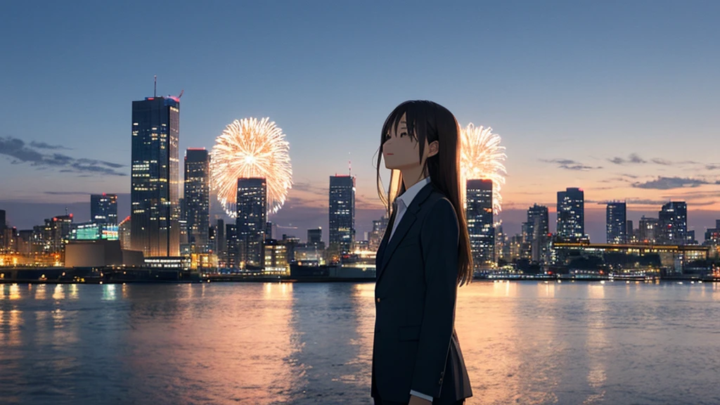 Time is night、Night Sky、Big fireworks、Shiraishi Mei, Looks exactly like Shiraishi Mei,Oceanの方を向いている後ろ姿、Woman looking up at the sky ,Long Hair,  Dark brown hair, Suit jacket、Blouse Photos, Realistic, Highest quality, Detailed face, The background is the cityscape of Japan、, Ocean, Embankment, Detailed Background, Diffused sunlight, Written boundary depth, Bokeh (Highest quality: 1.2), (masterpiece: 1.2), Watch Viewer, one piece, White Theme, ,Vision、(((Panorama:1.2)))