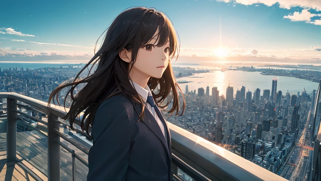Time is night、Night Sky、Big fireworks、Shiraishi Mei, Looks exactly like Shiraishi Mei,Oceanの方を向いている後ろ姿、Woman looking up at the sky ,Long Hair,  Dark brown hair, Suit jacket、Blouse Photos, Realistic, Highest quality, Detailed face, The background is the cityscape of Japan、, Ocean, Embankment, Detailed Background, Diffused sunlight, Written boundary depth, Bokeh (Highest quality: 1.2), (masterpiece: 1.2), Watch Viewer, one piece, White Theme, ,Vision、(((Panorama:1.2)))