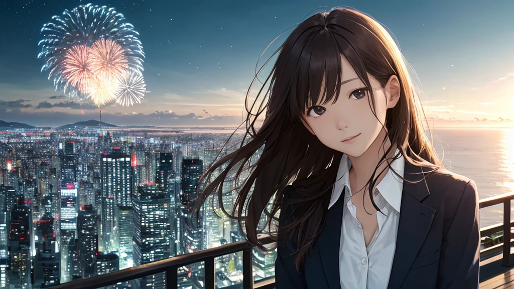 Time is night、Night Sky、Big fireworks、Shiraishi Mei, Looks exactly like Shiraishi Mei,Oceanの方を向いている後ろ姿、Woman looking up at the sky ,Long Hair, Dark brown hair, Suit jacket、Blouse Photos, Realistic, Highest quality, Detailed face, The background is the cityscape of Japan、, Ocean, Embankment, Detailed Background, Diffused sunlight, Written boundary depth, Bokeh (Highest quality: 1.2), (masterpiece: 1.2), Watch Viewer, one piece, White Theme, ,Vision、(((Panorama:1.2)))