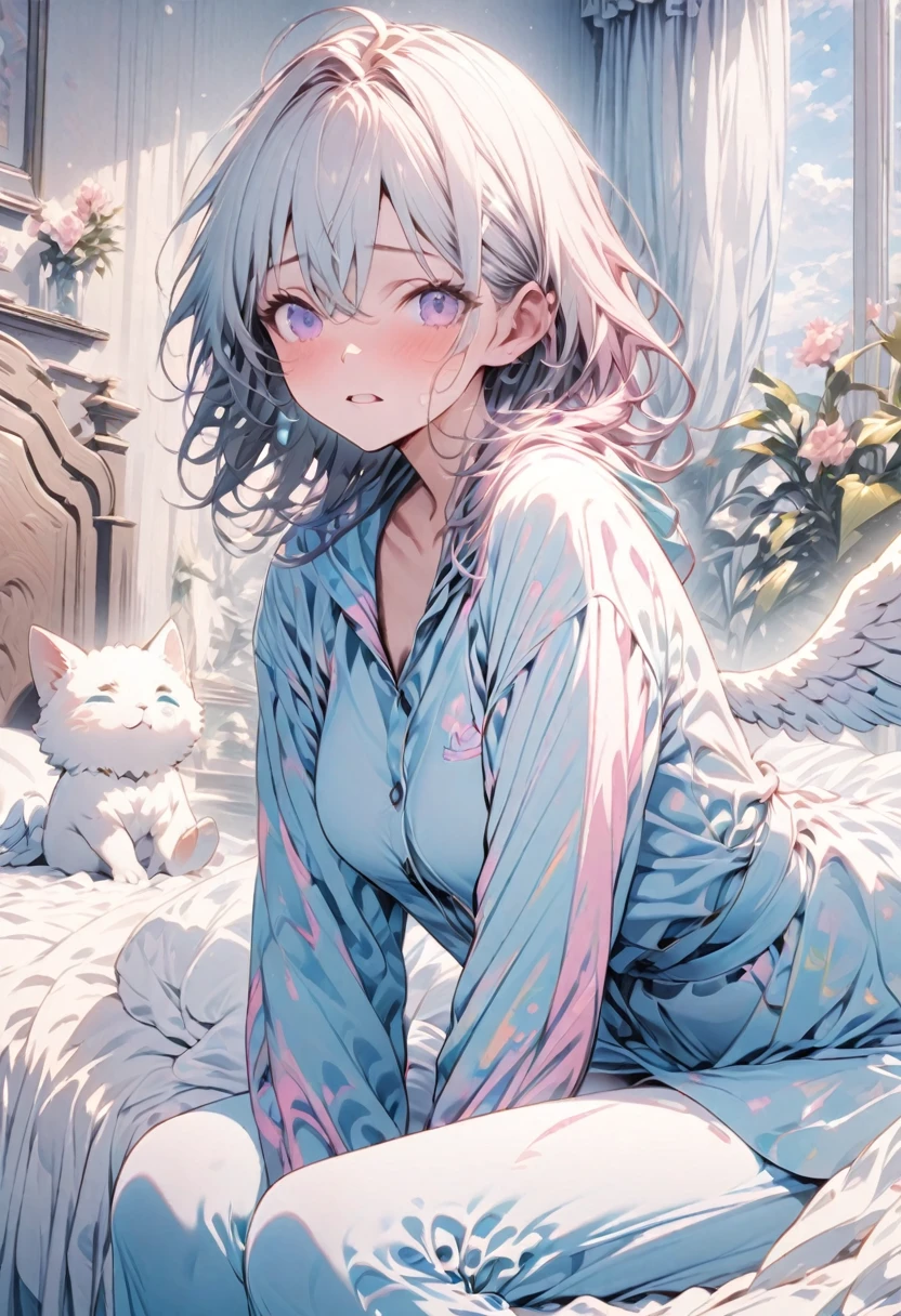masterpiece, best quality, extremely detailed CG unity 8k wallpaper, A girl comes home from work and jumps into bed in her suit, He looks very tired, pastel-neon-color, The background is fluffy, Angel