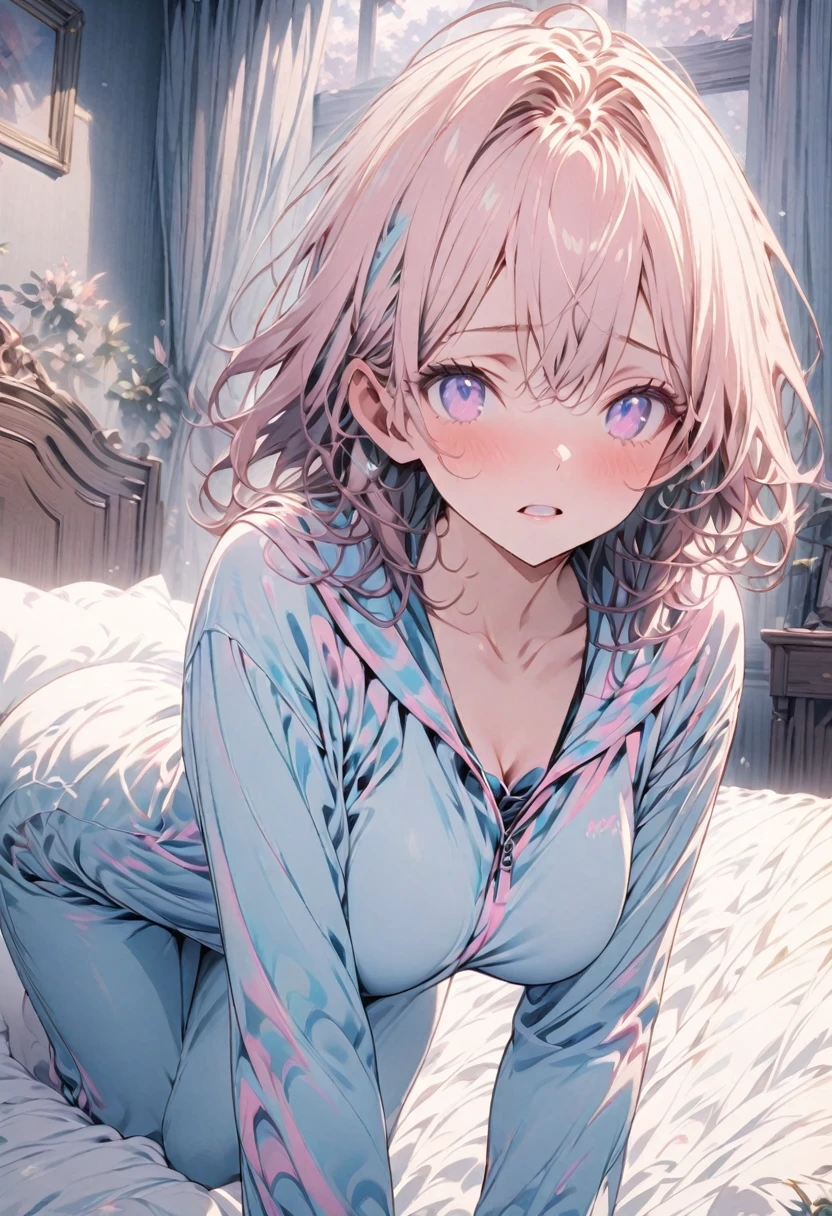 masterpiece, best quality, extremely detailed CG unity 8k wallpaper, A girl comes home from work and jumps into bed in her suit, He looks very tired, pastel-neon-color, The background is fluffy, Angel