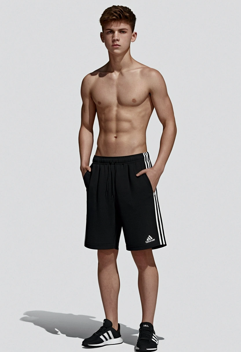 boy 18 years in wide long shorts black shorts adidas shorts oversize shorts casual clothes no t-shirt bare torso naked torso 3d picture ultra realistic