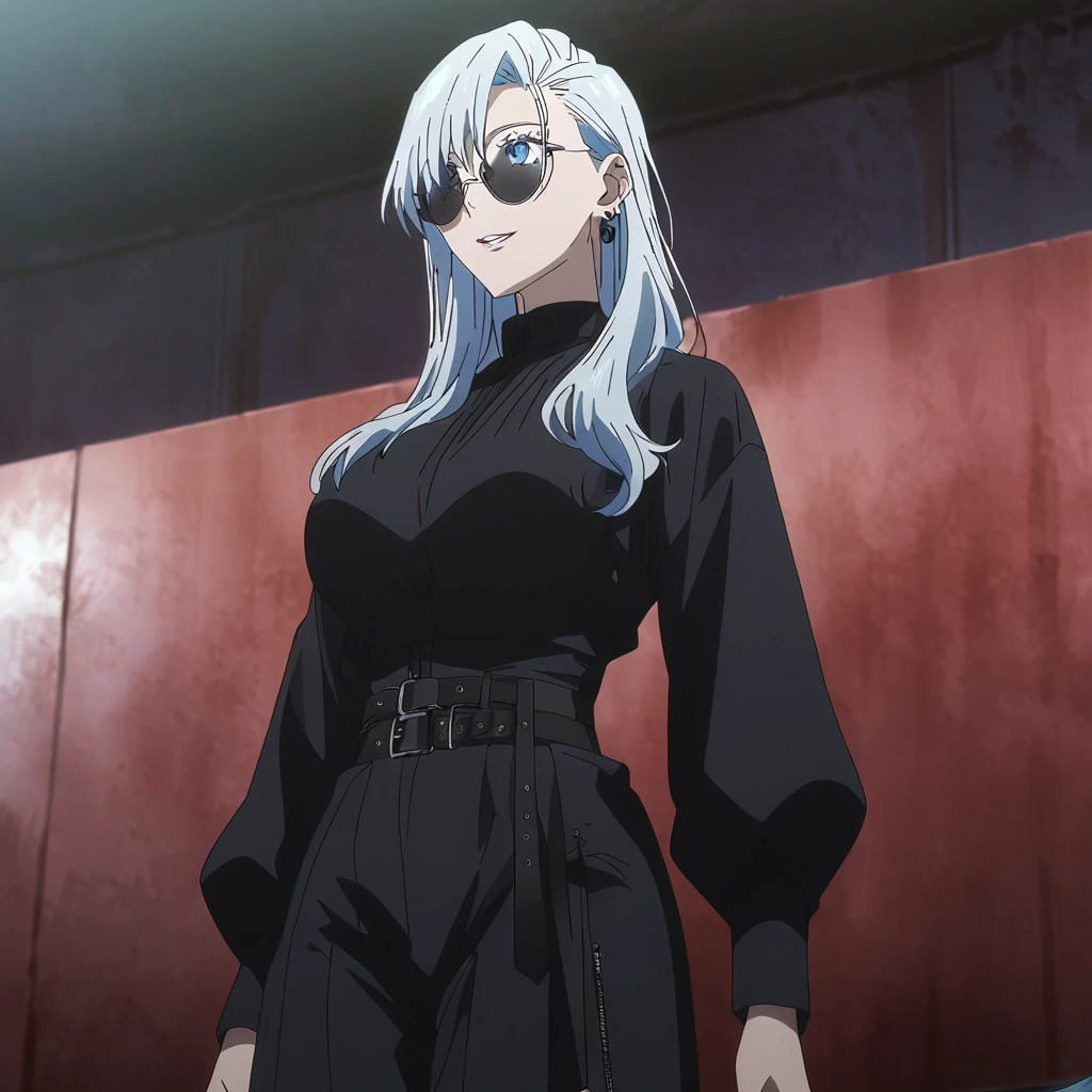 1girl, female gojo satoru, anime screencap from jujutsu kaisen, gojo satoru female version, solo, short_hair, ((Blue eyes, round sunglasses)) ((Silver_hair, hair over ear from one side))((slicked hair)) ((red colour hair strands)), night view, (hanging breasts) upper_body, smile, indoors, parted lips, (long hair) ((wearing black colour outfit, glossy)) breast, "very detailed and high resolution" (Blue eyes, round sunglasses) ((solo)) (((front view))) (earings) ((high resolution)) ((good quality)) ((silky hair, hair over ear from one side))((hair slicked)) ((red colour hair strands)) ((parted lips)) ((full body))