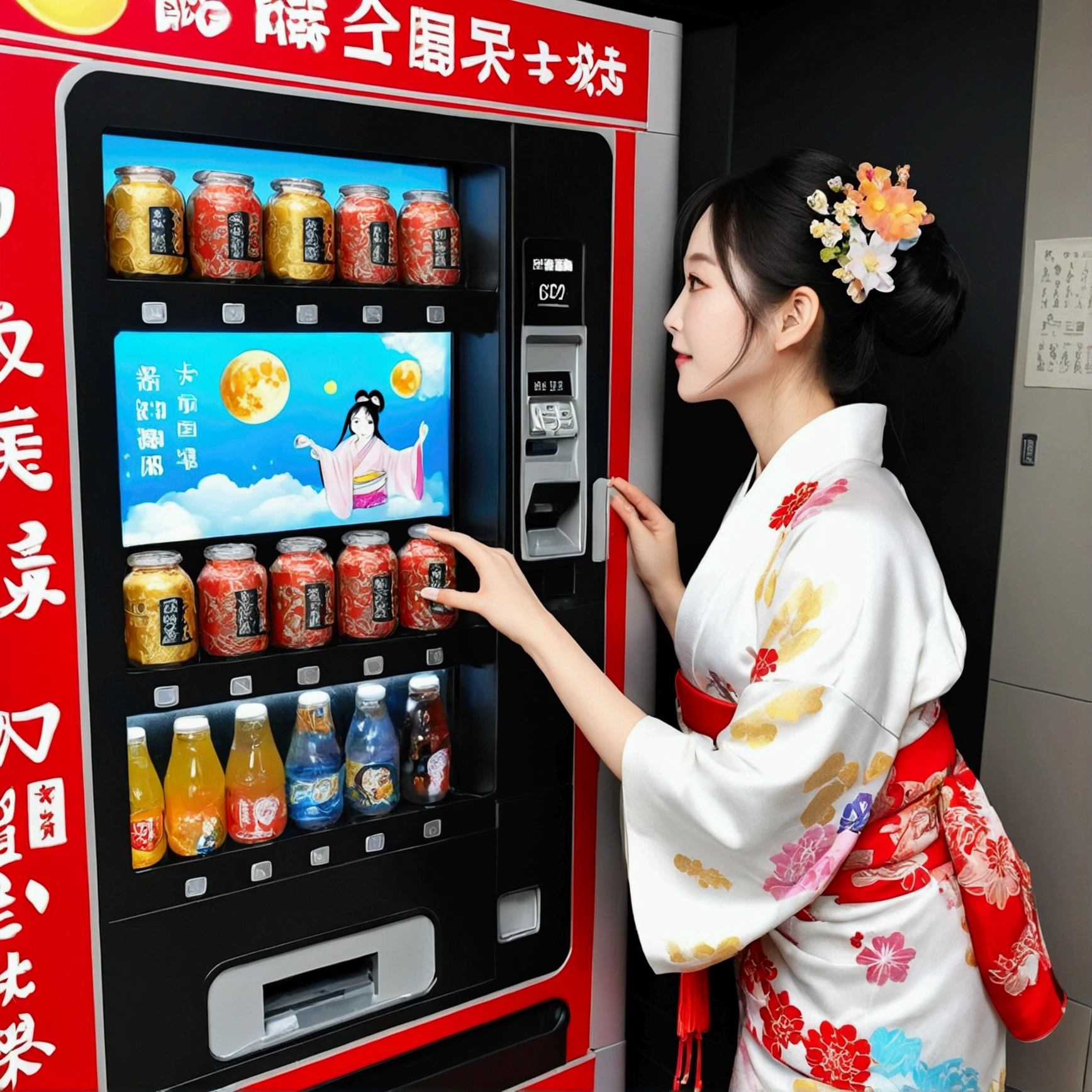 Create a photo of a beautiful woman putting a coin into a vending machine. The vending machine light box「cool drink」is written。. The vending machine is white. On the moon、universe space、Princess Kaguya in a kimono、