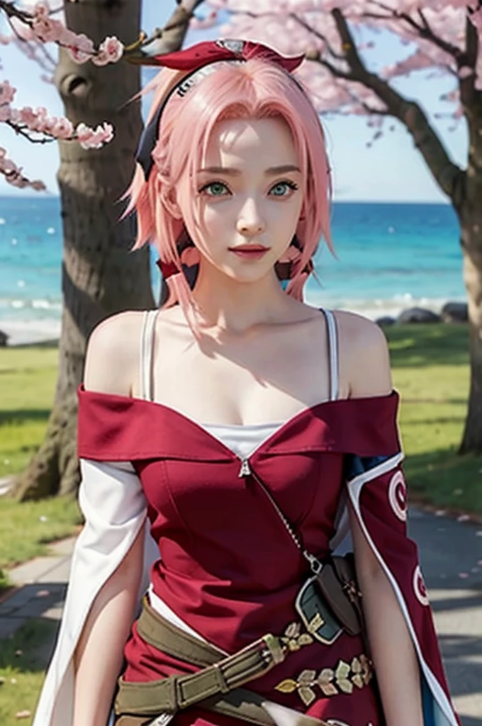 tmasterpiece， Best quality at best， 1girll， Sakura Haruno， Large breasts，Off-the-shoulder attire，（cleavage)，（upperbody closeup)，Raised sexy， shy，ssmile，with pink hair， long whitr hair， （Green eyeballs:1.4)， Forehead protection， the cherry trees，Cherry blossoms flying，Red clothes，Zipper half, full body, background konoha