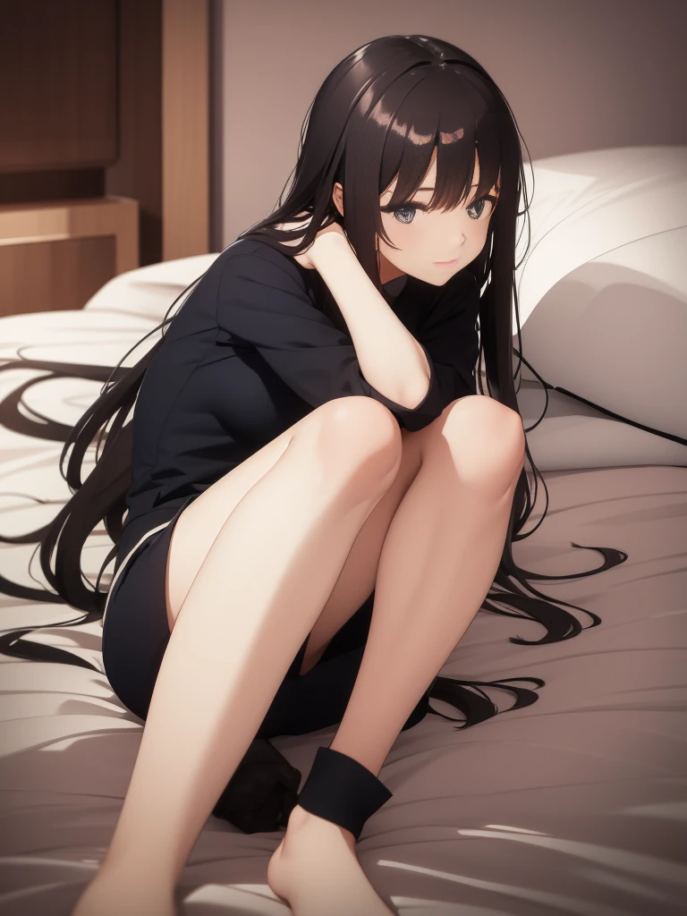 Beautiful girl medium long　uniform　Sit on the bed　Shy face
