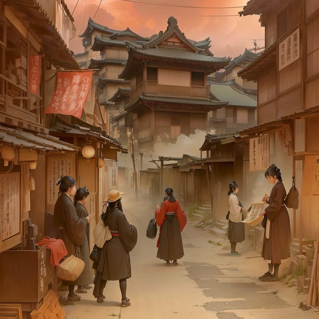 People in the center々Cityscape with animals, by Kamisaka Sekka, Traditional Japanese concept art, Old Asian Village, Video game concept art, concept art scene, Japanese Street, cinematic concept art, feudal japan art, Japanese Village, Concept work, Japan Streets, or period, Concept Painting, Professional Concept Art, Or Blazing flames, fire, crowd, throng, freezing, mother warming her baby.Scenery and Cityscape in the Early Meiji Era After the Meiji Restoration, Japan underwent rapid modernization and civilization. Consequently, many changes and reforms occurred. Below is a detailed explanation of the scenery, appearance of the poor, occupations, and cityscapes in the early Meiji period (1868 to the early 1880s). 2. Appearance of the Poor Life for the impoverished and lower classes remained harsh. In particular, in urban areas, people migrated from rural areas or unemployed artisans gathered, intensifying competition in the labor market. Many of them struggled with poverty, often residing in slums or around temples. 3. Occupations Meiji early Japan witnessed a diversification of occupations. Traditional agriculture and handicrafts were accompanied by the rise of modern industry and commerce. Particularly in urban areas, factory workers, shop clerks, and transporters increased, giving rise to new professions. However, many in these occupations endured harsh working conditions. 4. Influence of Civilization and Enlightenment During the Meiji era, Western cultural influences spread rapidly. Changes in clothing, dietary habits, and the proliferation of Western-style architecture advanced, especially in urban areas. Conversely, this development posed a threat to traditional culture and lifestyles, resulting in societal upheaval and adaptation challenges. 5. Social Change and Policy Influence While promoting modernization policies, the government also addressed poverty and social issues. Legislation for labor protection and charitable activities to aid the poor were implemented. Nevertheless, living conditions for the impoverished scarcely improved. The early Meiji period marked a rapid transform法