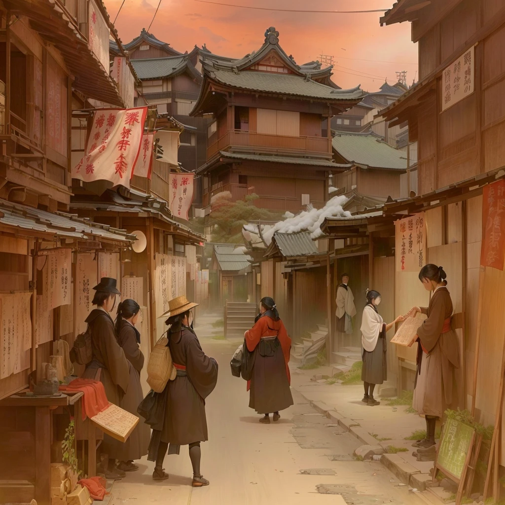 People in the center々Cityscape with animals, by Kamisaka Sekka, Traditional Japanese concept art, Old Asian Village, Video game concept art, concept art scene, Japanese Street, cinematic concept art, feudal japan art, Japanese Village, Concept work, Japan Streets, or period, Concept Painting, Professional Concept Art, Or Blazing flames, fire, crowd, throng, freezing, mother warming her baby.Scenery and Cityscape in the Early Meiji Era After the Meiji Restoration, Japan underwent rapid modernization and civilization. Consequently, many changes and reforms occurred. Below is a detailed explanation of the scenery, appearance of the poor, occupations, and cityscapes in the early Meiji period (1868 to the early 1880s). 2. Appearance of the Poor Life for the impoverished and lower classes remained harsh. In particular, in urban areas, people migrated from rural areas or unemployed artisans gathered, intensifying competition in the labor market. Many of them struggled with poverty, often residing in slums or around temples. 3. Occupations Meiji early Japan witnessed a diversification of occupations. Traditional agriculture and handicrafts were accompanied by the rise of modern industry and commerce. Particularly in urban areas, factory workers, shop clerks, and transporters increased, giving rise to new professions. However, many in these occupations endured harsh working conditions. 4. Influence of Civilization and Enlightenment During the Meiji era, Western cultural influences spread rapidly. Changes in clothing, dietary habits, and the proliferation of Western-style architecture advanced, especially in urban areas. Conversely, this development posed a threat to traditional culture and lifestyles, resulting in societal upheaval and adaptation challenges. 5. Social Change and Policy Influence While promoting modernization policies, the government also addressed poverty and social issues. Legislation for labor protection and charitable activities to aid the poor were implemented. Nevertheless, living conditions for the impoverished scarcely improved. The early Meiji period marked a rapid transform法