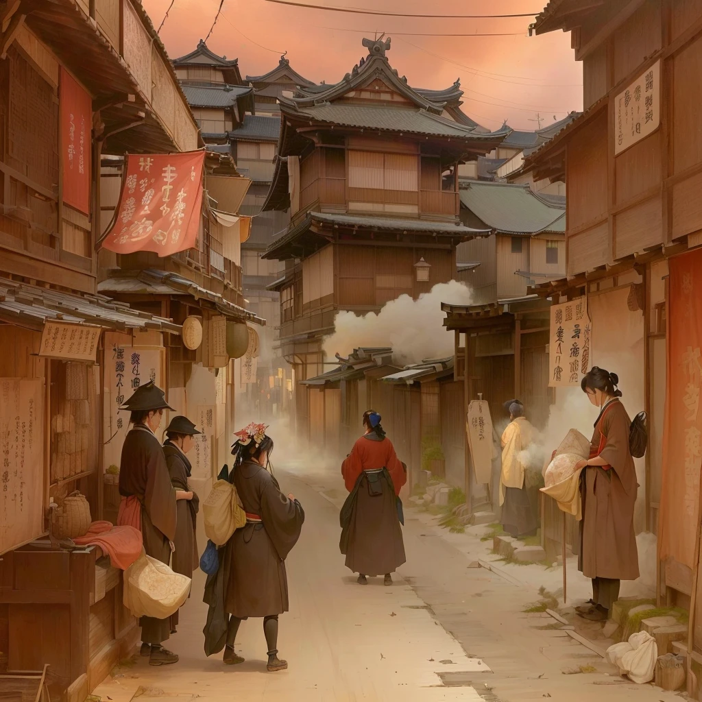 People in the center々Cityscape with animals, by Kamisaka Sekka, Traditional Japanese concept art, Old Asian Village, Video game concept art, concept art scene, Japanese Street, cinematic concept art, feudal japan art, Japanese Village, Concept work, Japan Streets, or period, Concept Painting, Professional Concept Art, Or Blazing flames, fire, crowd, throng, freezing, mother warming her baby.Scenery and Cityscape in the Early Meiji Era After the Meiji Restoration, Japan underwent rapid modernization and civilization. Consequently, many changes and reforms occurred. Below is a detailed explanation of the scenery, appearance of the poor, occupations, and cityscapes in the early Meiji period (1868 to the early 1880s). 2. Appearance of the Poor Life for the impoverished and lower classes remained harsh. In particular, in urban areas, people migrated from rural areas or unemployed artisans gathered, intensifying competition in the labor market. Many of them struggled with poverty, often residing in slums or around temples. 3. Occupations Meiji early Japan witnessed a diversification of occupations. Traditional agriculture and handicrafts were accompanied by the rise of modern industry and commerce. Particularly in urban areas, factory workers, shop clerks, and transporters increased, giving rise to new professions. However, many in these occupations endured harsh working conditions. 4. Influence of Civilization and Enlightenment During the Meiji era, Western cultural influences spread rapidly. Changes in clothing, dietary habits, and the proliferation of Western-style architecture advanced, especially in urban areas. Conversely, this development posed a threat to traditional culture and lifestyles, resulting in societal upheaval and adaptation challenges. 5. Social Change and Policy Influence While promoting modernization policies, the government also addressed poverty and social issues. Legislation for labor protection and charitable activities to aid the poor were implemented. Nevertheless, living conditions for the impoverished scarcely improved. The early Meiji period marked a rapid transform法