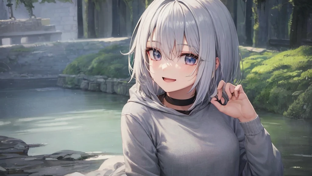Ultra HD,Look at the viewers, Put your hands behind your back, With a girl, 20-year-old, 非常にShort Hair, Long bangs between the eyes, Pale blue eyes, Very detailed,(masterpiece、Highest quality),Gray Hair、Laughter、Fantastic, Silver Hair, Iris, Short hair、 Fluttering Hair、Small Face、明るいsmile、(Detailed face) ,Professional Lighting,Wonderful landscape,blue sky, sunlight,Looking down from above,Portraiture、Open your mouth、Flower Field、Her eyes were shining、Mysterious and enchanting atmosphere。With AI Painting、とてもShort Hair, Long bangs between the eyes, Very detailed,(masterpiece、Highest quality)、alone、Gray Hair、Fantasy, Silver Hair, Fantasyな風景、smile、Open your mouth、short hair、Short Hair、hairpin、black eye、Grey Eyes、Beautiful Eyes、Black Shirt、White hoodie