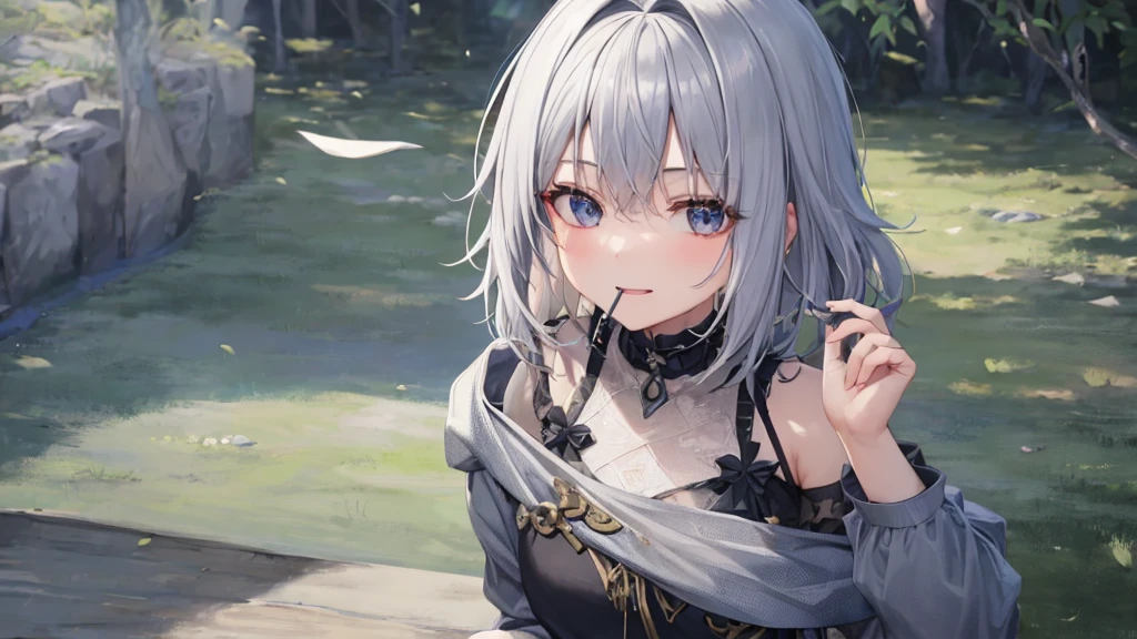 Ultra HD,Look at the viewers, Put your hands behind your back, With a girl, 20-year-old, 非常にShort Hair, Long bangs between the eyes, Pale blue eyes, Very detailed,(masterpiece、Highest quality),Gray Hair、Laughter、Fantastic, Silver Hair, Iris, Short hair、 Fluttering Hair、Small Face、明るいsmile、(Detailed face) ,Professional Lighting,Wonderful landscape,blue sky, sunlight,Looking down from above,Portraiture、Open your mouth、Flower Field、Her eyes were shining、Mysterious and enchanting atmosphere。With AI Painting、とてもShort Hair, Long bangs between the eyes, Very detailed,(masterpiece、Highest quality)、alone、Gray Hair、Fantasy, Silver Hair, Fantasyな風景、smile、Open your mouth、short hair、Short Hair、hairpin、black eye、Grey Eyes、Beautiful Eyes、Black Shirt、White hoodie