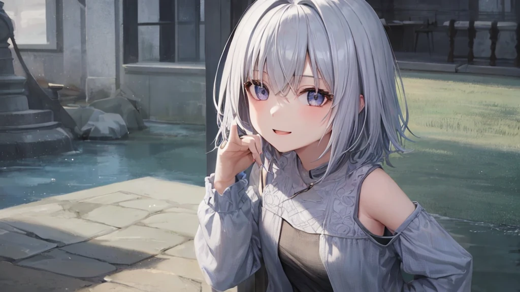 Ultra HD,Look at the viewers, Put your hands behind your back, With a girl, 20-year-old, 非常にShort Hair, Long bangs between the eyes, Pale blue eyes, Very detailed,(masterpiece、Highest quality),Gray Hair、Laughter、Fantastic, Silver Hair, Iris, Short hair、 Fluttering Hair、Small Face、明るいsmile、(Detailed face) ,Professional Lighting,Wonderful landscape,blue sky, sunlight,Looking down from above,Portraiture、Open your mouth、Flower Field、Her eyes were shining、Mysterious and enchanting atmosphere。With AI Painting、とてもShort Hair, Long bangs between the eyes, Very detailed,(masterpiece、Highest quality)、alone、Gray Hair、Fantasy, Silver Hair, Fantasyな風景、smile、Open your mouth、short hair、Short Hair、hairpin、black eye、Grey Eyes、Beautiful Eyes、Black Shirt、White hoodie