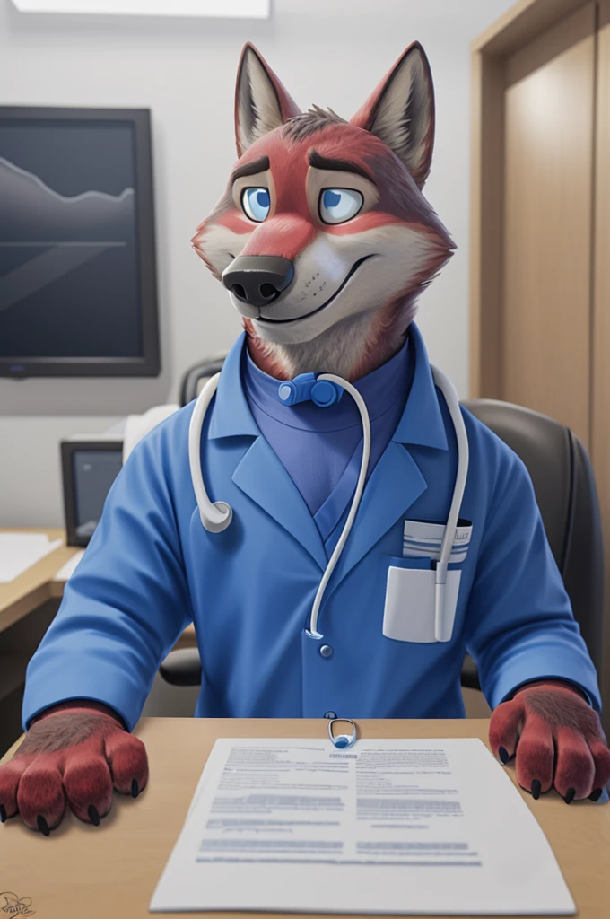 Joachim Wolfbach (Zootopia),tall handsome, wolf,young, 24 years, brown fur,(red body:1.3),Blue eyes, Moscow Dressed, in a medical suit, green stethoscope, cardiac surgeon,canine, wolf, detailed fur, Male, antro, paw pads, finger claws,Prays, at viewer, 5 fingers, paws, 5 fingers, smile, happy, sitting in the office , wrist watch,stethoscope, т nextel, sitting in his office at home, by xenoforge, (difficult, high detail, digital, photo, soft focus, RAW, dct doctor, hospital, Kids toys,
photorealism, realistic, photorealistic, analog style, subsurface scattering, ecg machine masterpiece, Best quality, ultra realistic, 8 K)